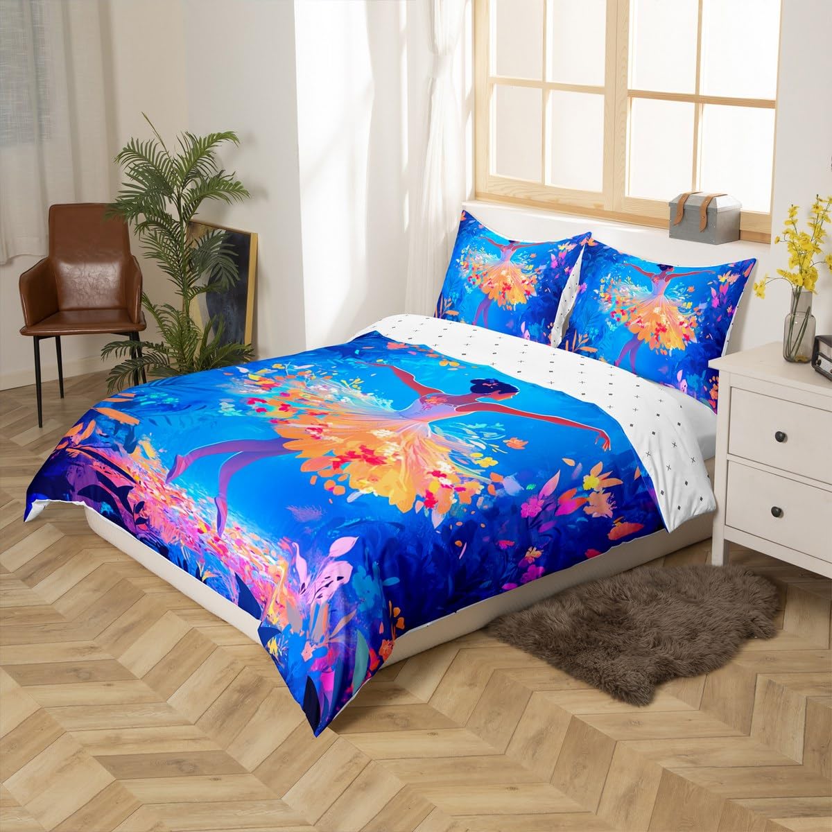 jejeloiu Kids Ballet Comforter Cover Set Toddler Size Ballerina Dancer Bedding Set for Boys Girls Yellow Blue Duvet Cover Bedspread Cover Quilt Cover,No Stuffing