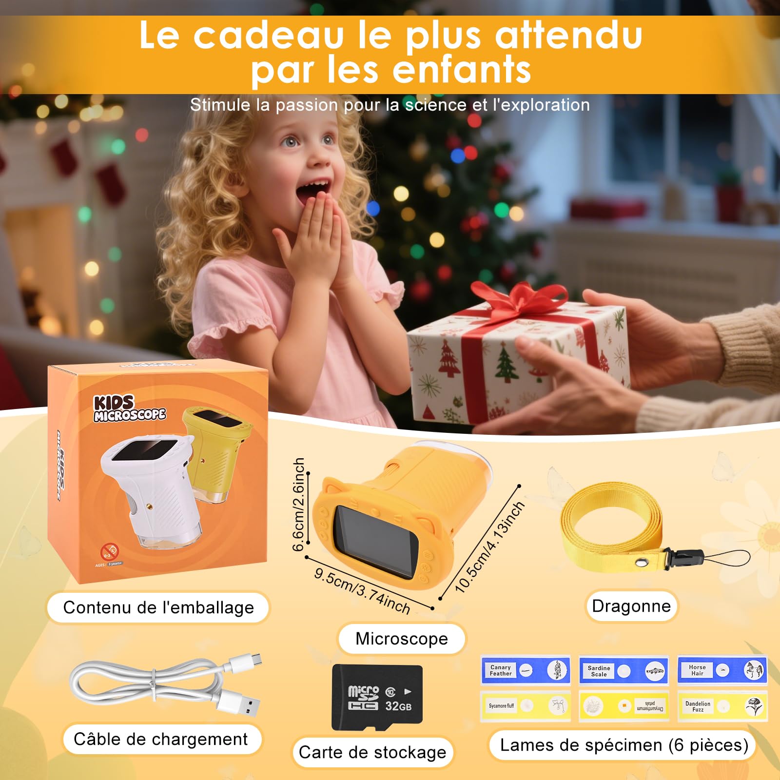 1000X Microscope Enfant,Microscope NuméRique pour 2.4" IPS Pouces & 8 LED Lumiere,Rechargeable,pour 4-12 Ans - Orange