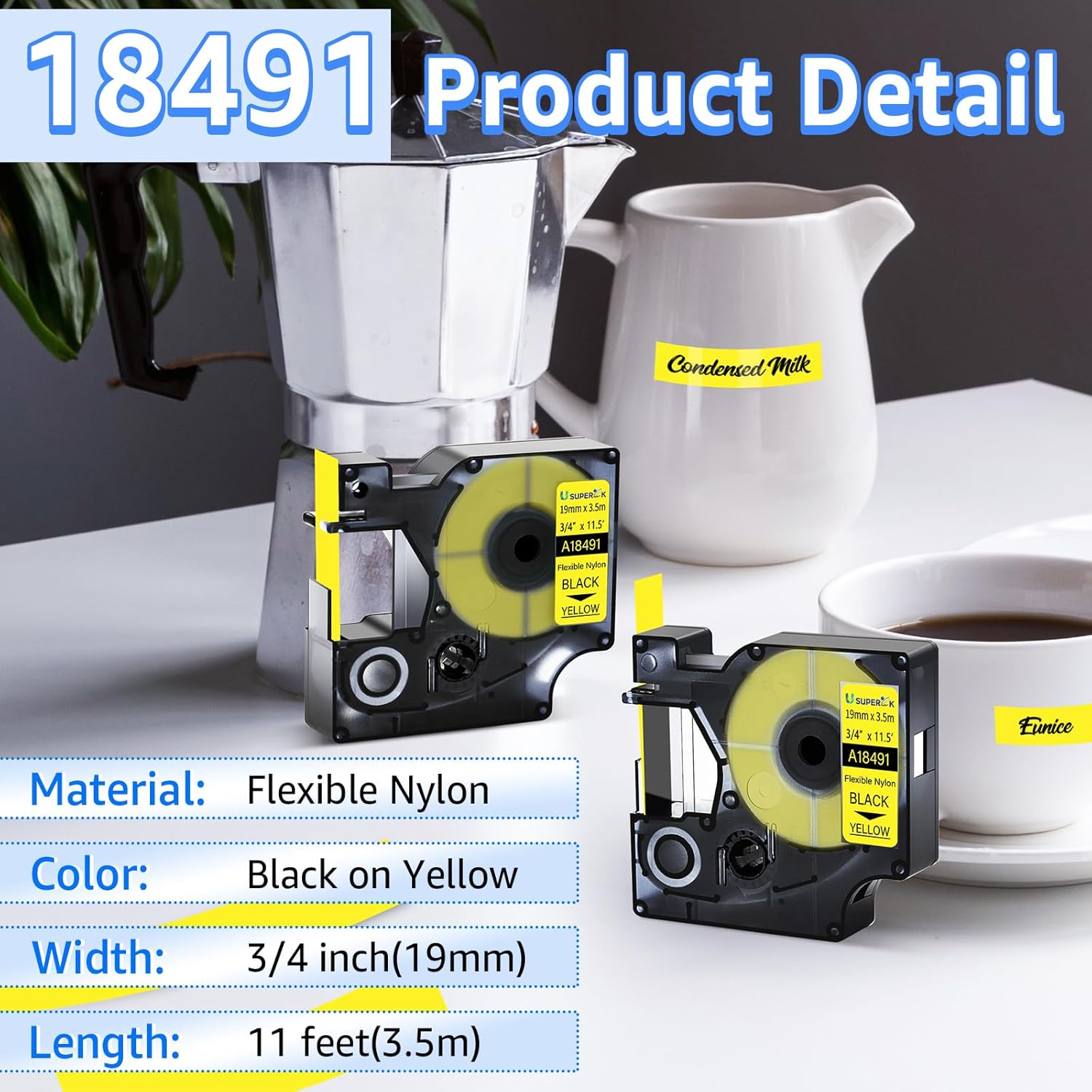 USUPERINK 10 Pack Compatible for Dymo Rhino Industrial Flexible Nylon Labels 18491 Black on Yellow 19mm Label Tape 3/4" x 11.5' for Wires Cables for Rhino 4200 5200 5000 6000 Label Maker