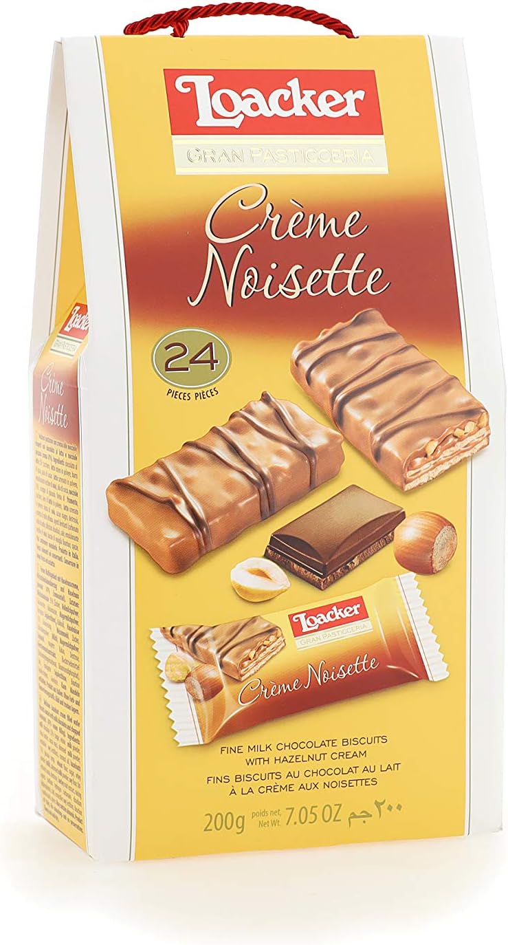 Loacker Patisserie Crème Noisette - Individually Wrapped Premium Bite Size Milk Chocolate Covered Crispy Wafer Cookies with Hazelnut Cream Filling and toasted Hazelnut pieces - Box of 24