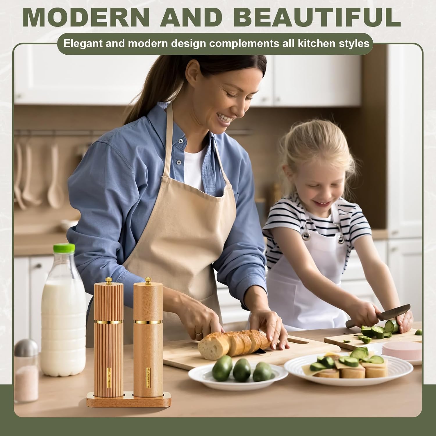 Wooden Salt and Pepper Grinder Set 8" Refillable Wooden Manual Salt and Pepper Mill Set with Adjustable Coarse Settings Rust Resistant Smooth Quality Grinding Mechanism (Fluted and Smooth,Wood)