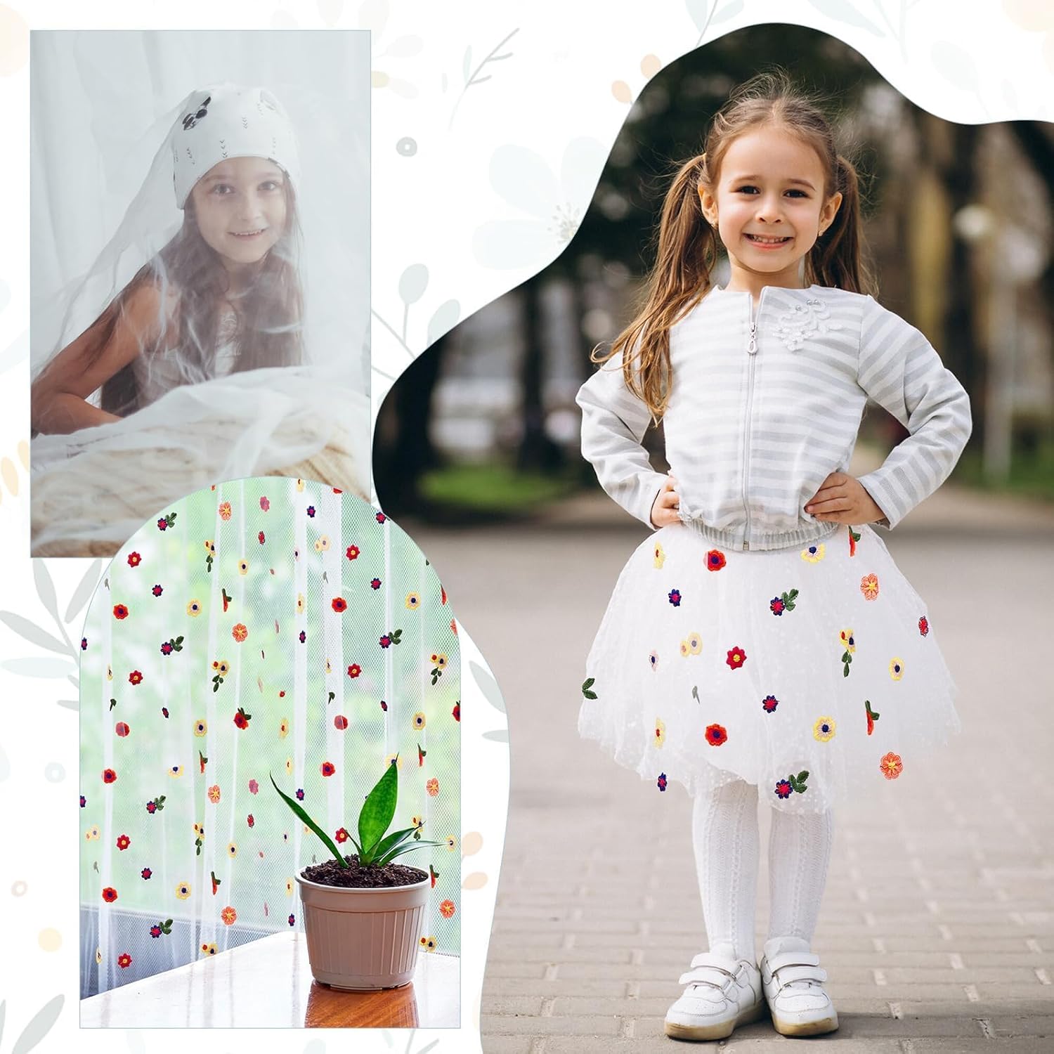 6PCS Lvory Floral Table Runner 10 FT, Embroidery Daisy Table Runners Seasonal Spring Summer Sheer Tulle Dining Table Decor for Home Party Birthday Decor 29x120 Inch