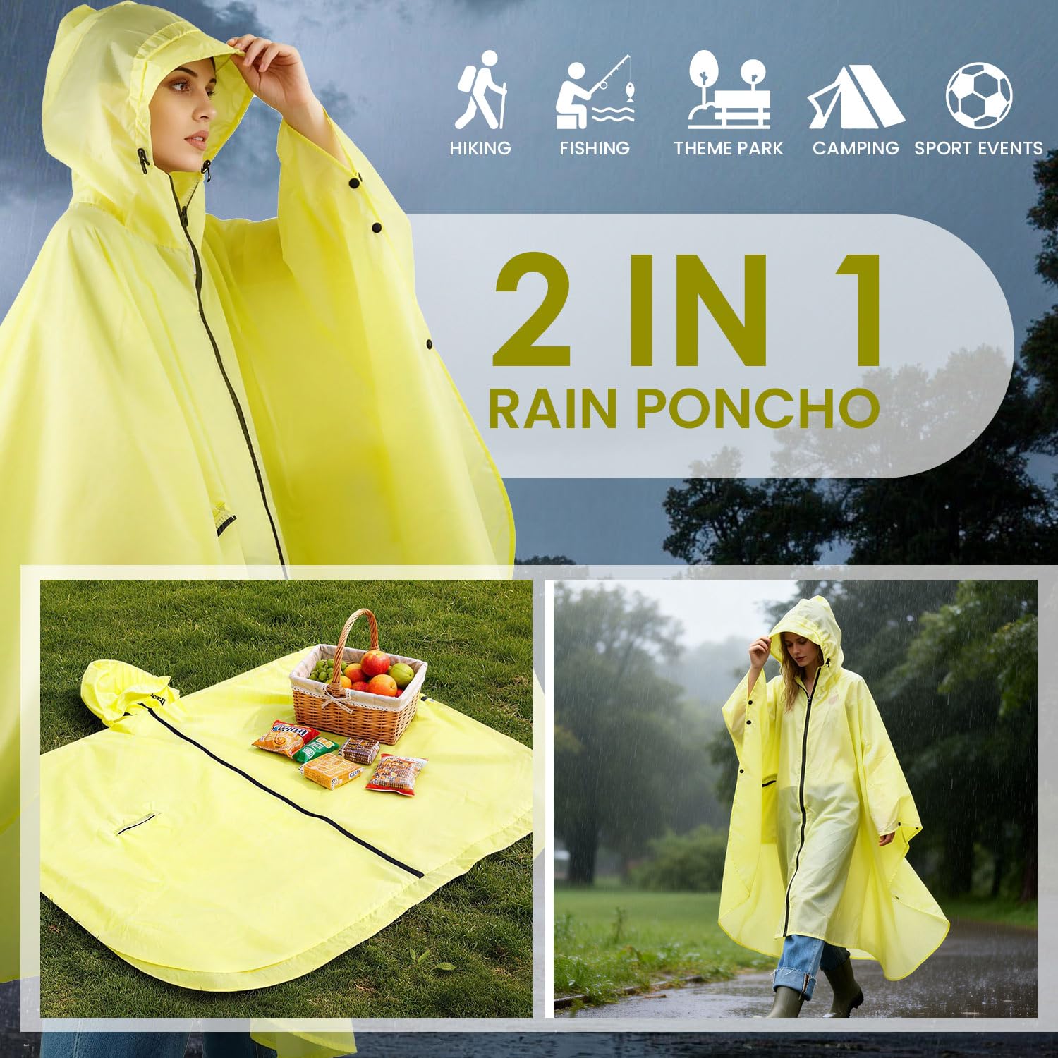 SOPPY Poncho de pluie léger et imperméable pour homme et femme, coupe-vent, réutilisable, indéchirable, respirant avec capuche pour activités de plein air, séchage rapide, taille unique