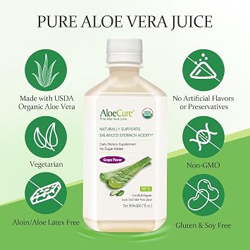 AloeCure Organic Aloe Vera Juice - 2 Bottle Pack - Lemon and Grape Flavor
