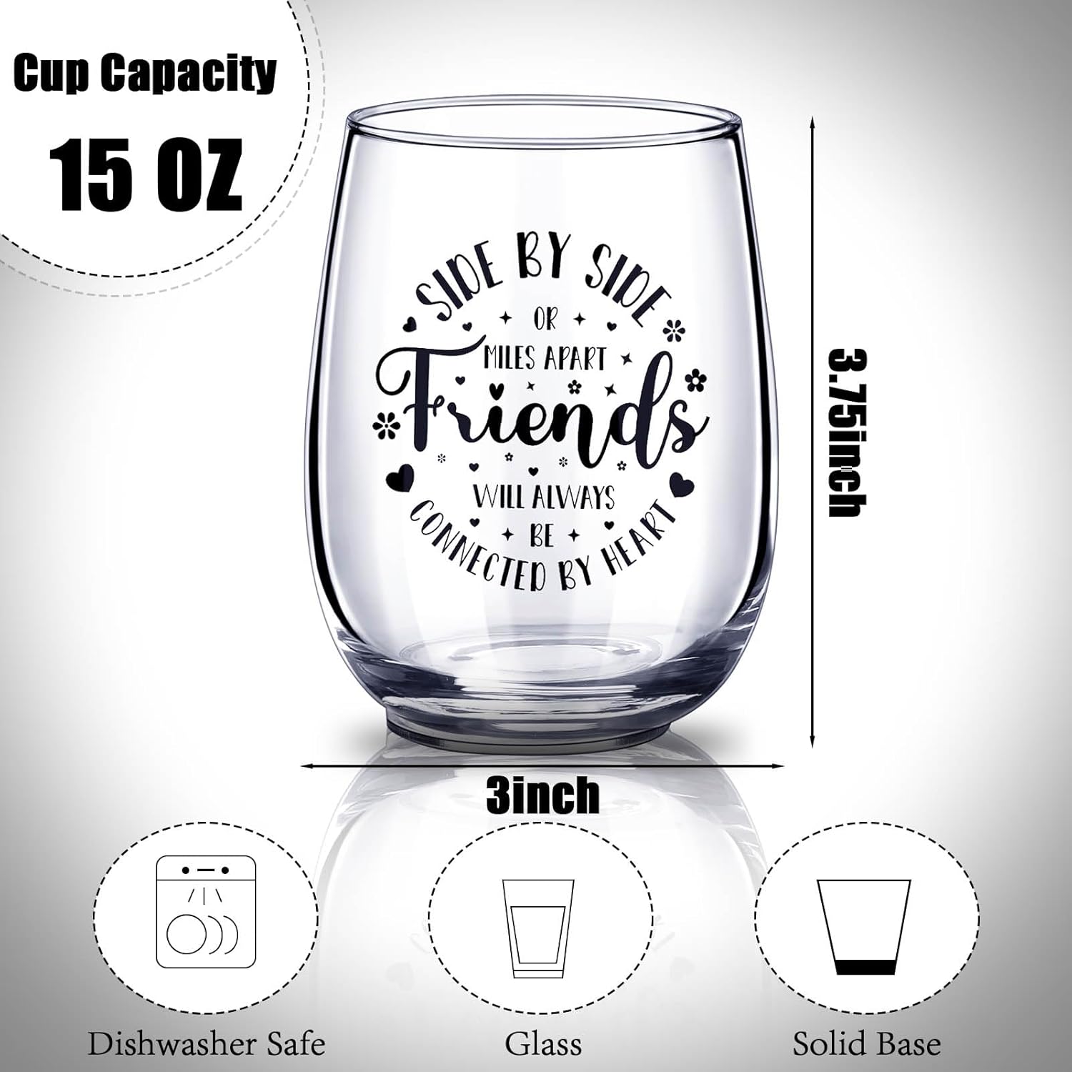 Irenare 4 Pcs 15 oz Friends Wine Glasses Set, Friend Friendship Gifts for Women Friends, Stemless Wine Glasses for Birthday Galentines Gift for Women, Sister, Mom, Grandma, Nana, Her - Image 2