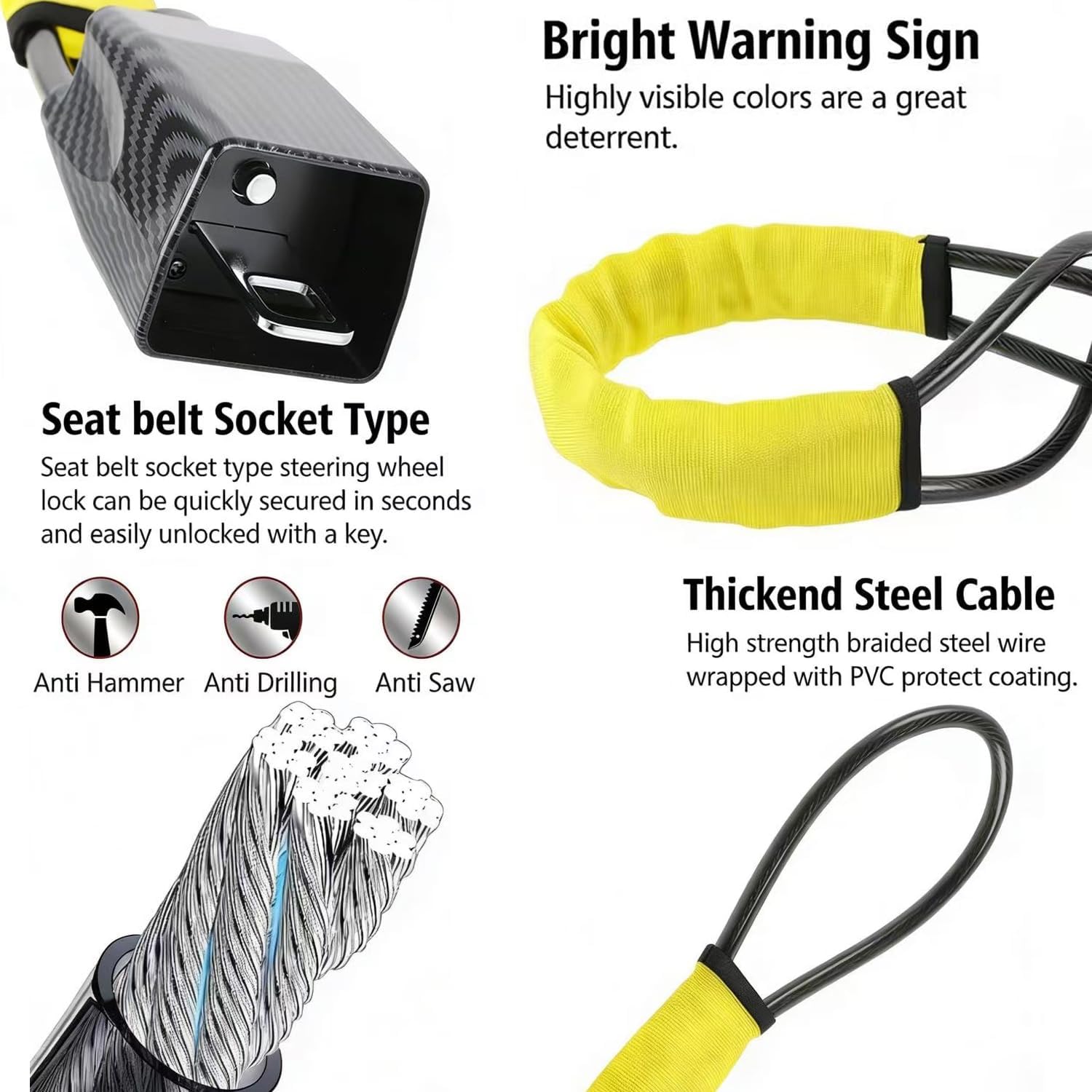 Upgraded car Steering Wheel Lock with Alarm Function, seat Belt Lock, and Anti-Theft Device, Maximum Length 17 inches, Multi-Functional ，Steering Wheel Lock Anti-Theft (Yellow)