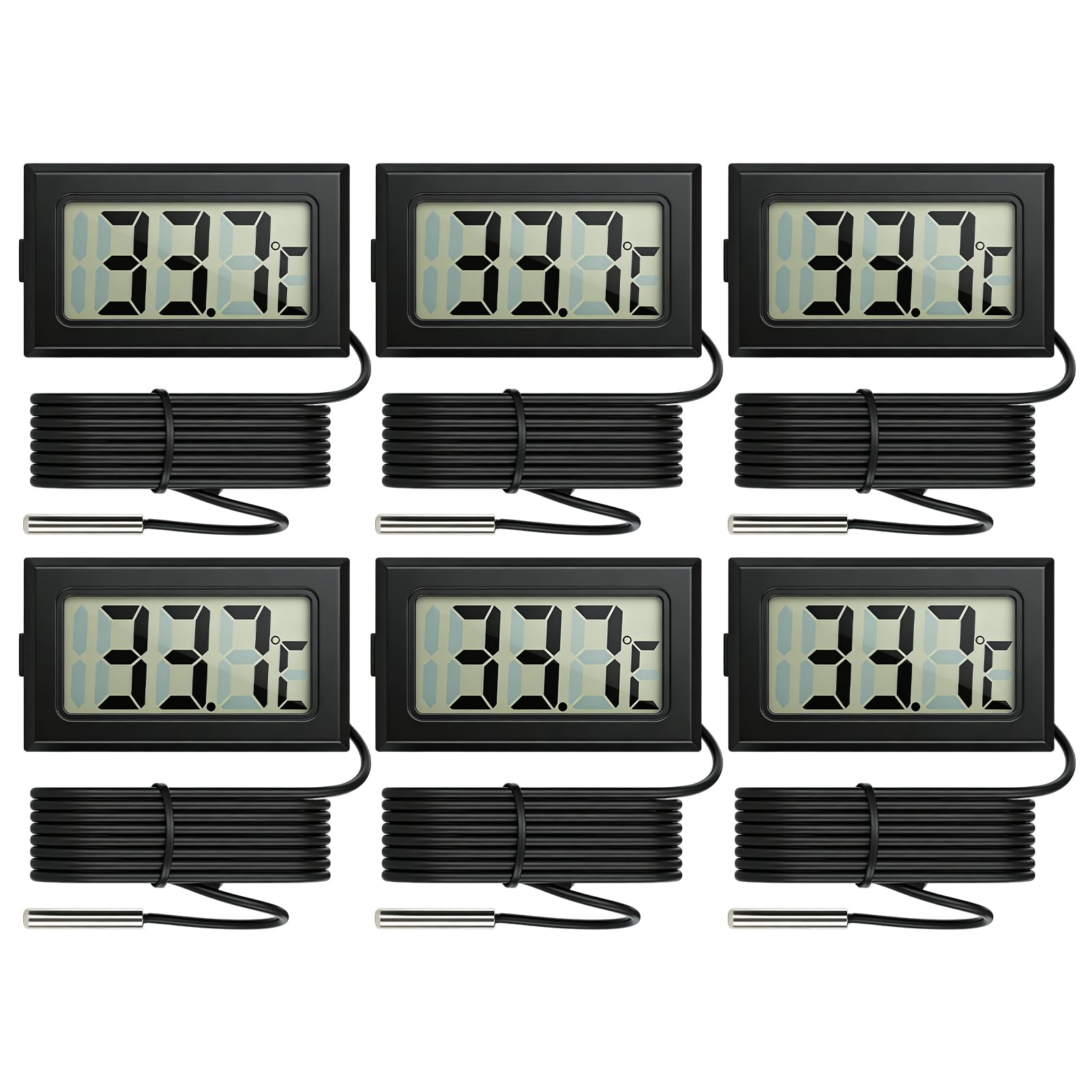 6PCS Digital Aquarium Thermometer, Temperature with External Probe, for Fish Tank Fridge Car Room Baby Bath, 1m Waterproof Probe LCD Display Batteries Included, NTC Sensor ABS Casing
