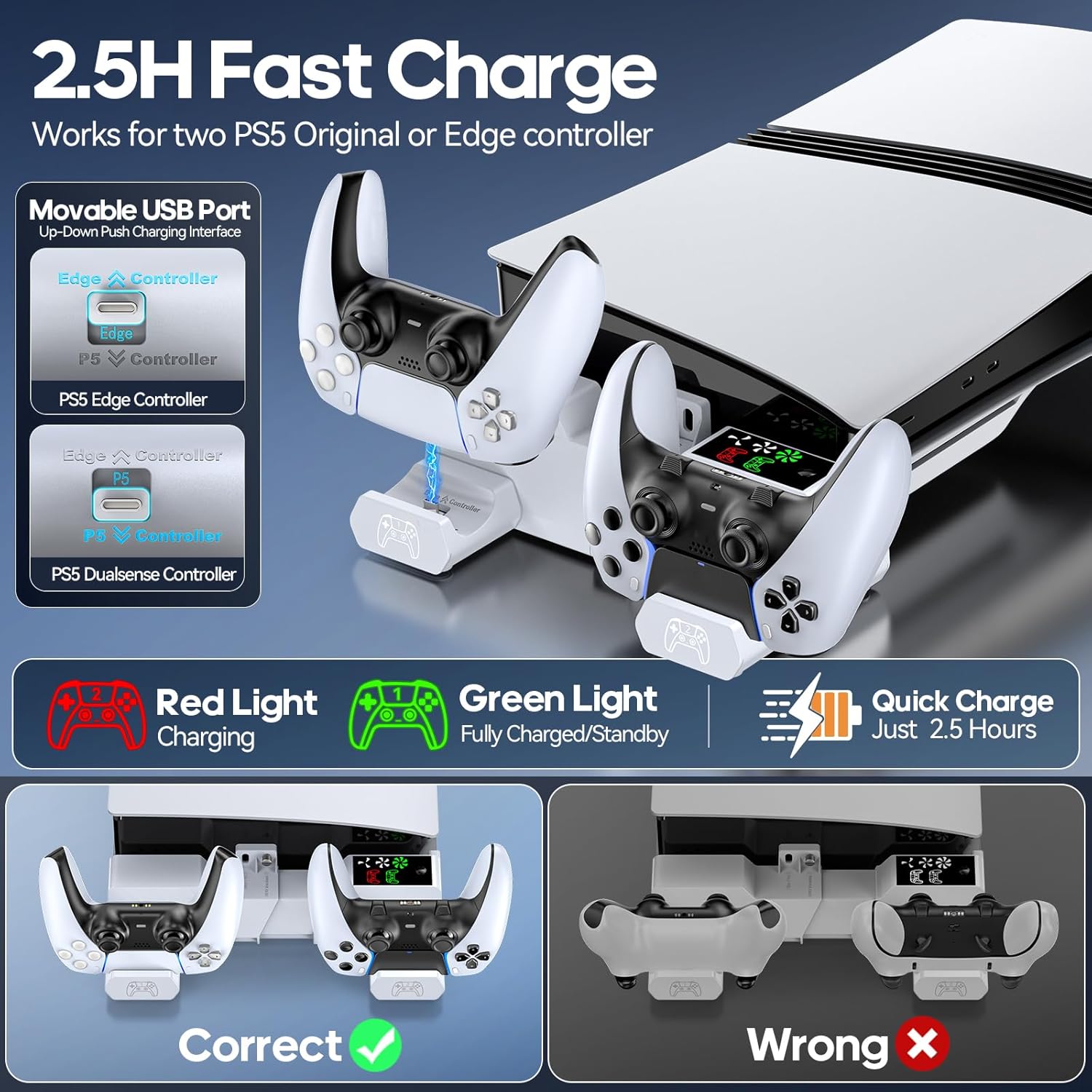 PS5/Slim/Pro Horizontal Stand with Cooling Fan & Charger for Original & Edge Controllers, Scalable Design PS5 Accessories Base with EVA Foams for All PS 5 Disc & Digital, PS 5 Sideways Stand White - Image 4