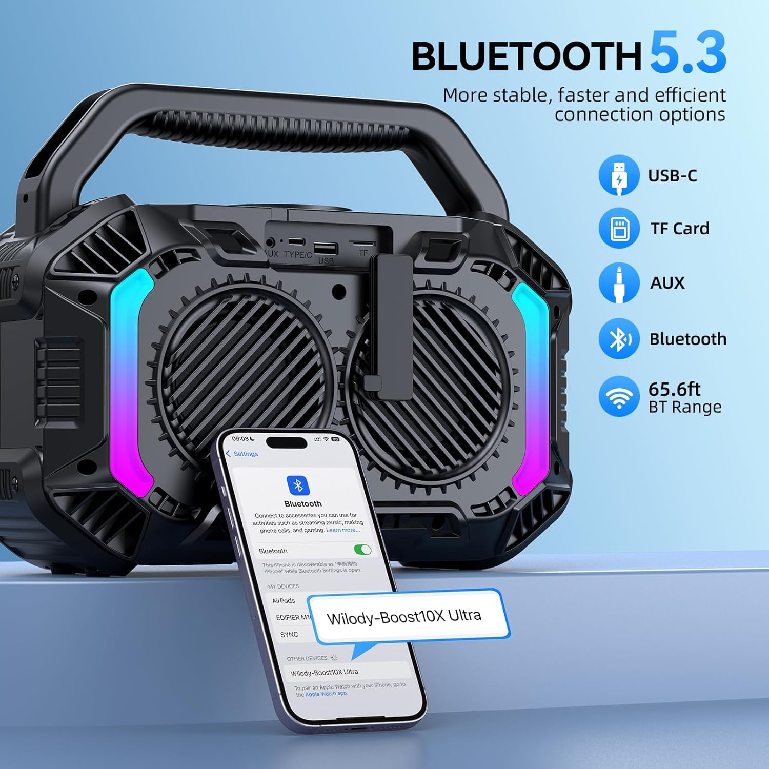Wilody 100W Tragbare Bluetooth-Lautsprecher-Box,Bluetooth Lautsprecher mit Licht,Musikbox Bluetooth's Groß,Soundbox mit IPX7 Wasserdicht,EQ,RGB,USB,20h Akku,TWS,BT5.3,für Party,Backyard（L-Schwarz）