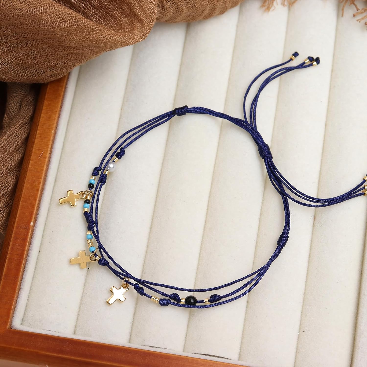 Evil Eye Gold Cross Charm Bracelets Stack Set for Women, Dainty Boho Handmade Adjustable Pearl Beads Layered Blue Red String Strand Bracelet Outfit Accessories Jewelry Gift. - Image 5