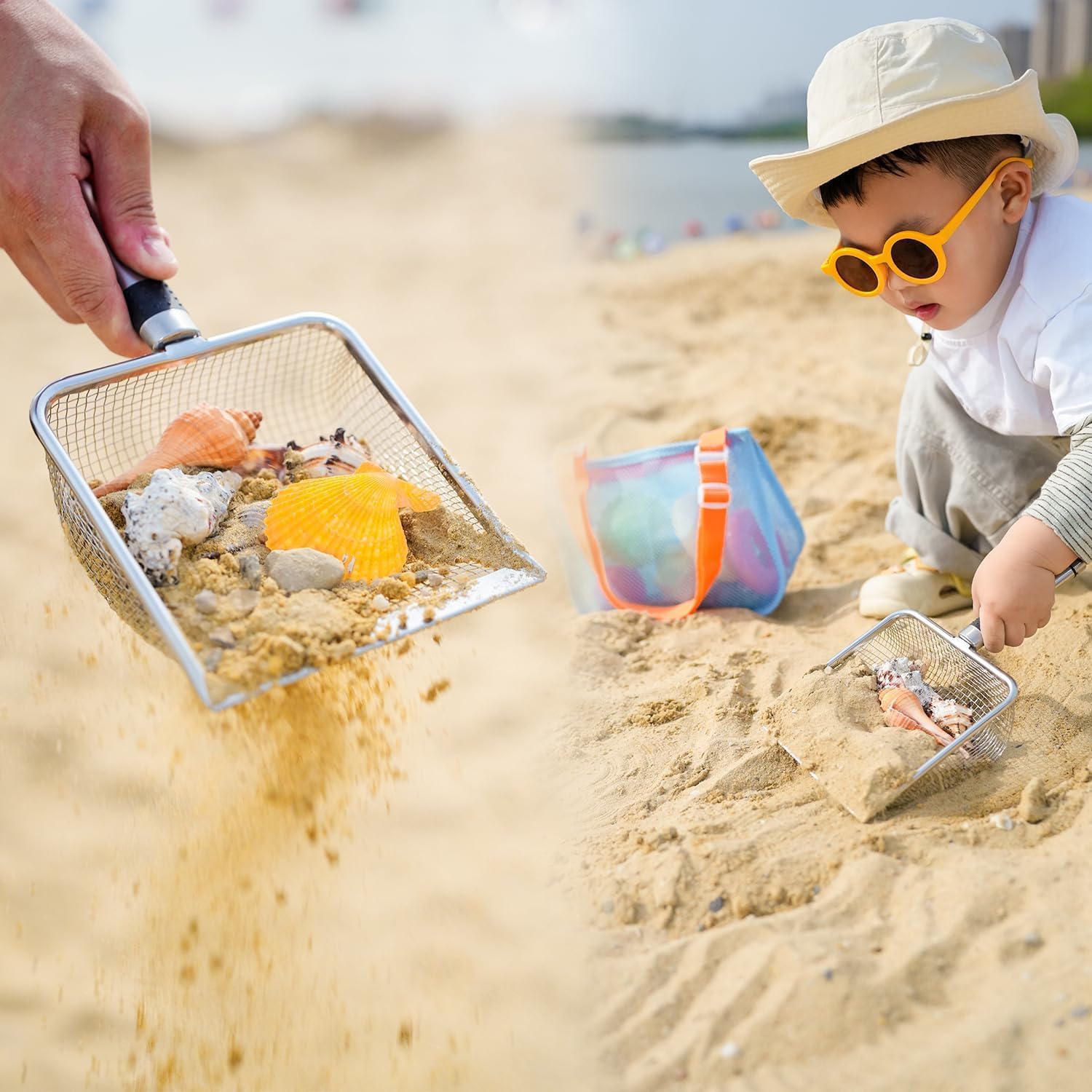 Large Kids Stainless Steel Beach Mesh Shovel with Adjustable Polyester Mesh Bag for Shells Collecting, Metal Sand Scooper for Picking Up Fossils, Big Shark Tooth Sifter Dipper Sandbox Toy for Children