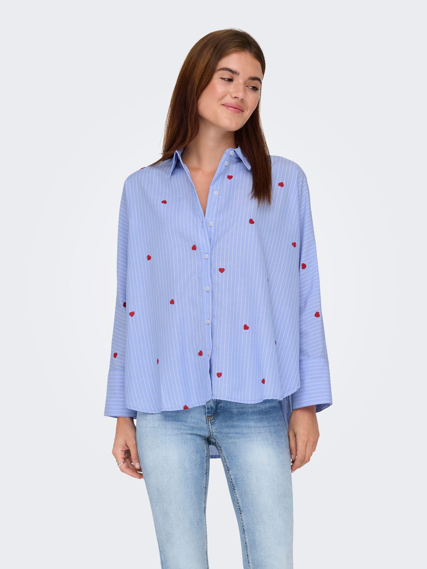 ONLY Onlnew Lina Grace LS Stripe EMB Shirt Femme Chemise Manches Longues Bleu