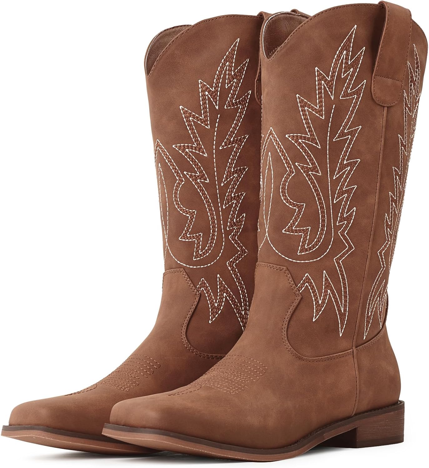 FancyQueen Red Brown Cowboy Boots for Women, Square Toe Cowgirl Boots, Mid Calf Western Boots with Embroidery, Pull On Chunky Heel for Daily Wear, US Size 8