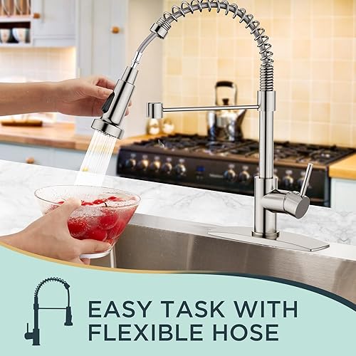 Miniatura 2 de FORIOUS Grifos de cocina con pulverizador, grifo de fregadero de cocina de níquel cepillado con placa de cubierta, grifo desplegable de acero