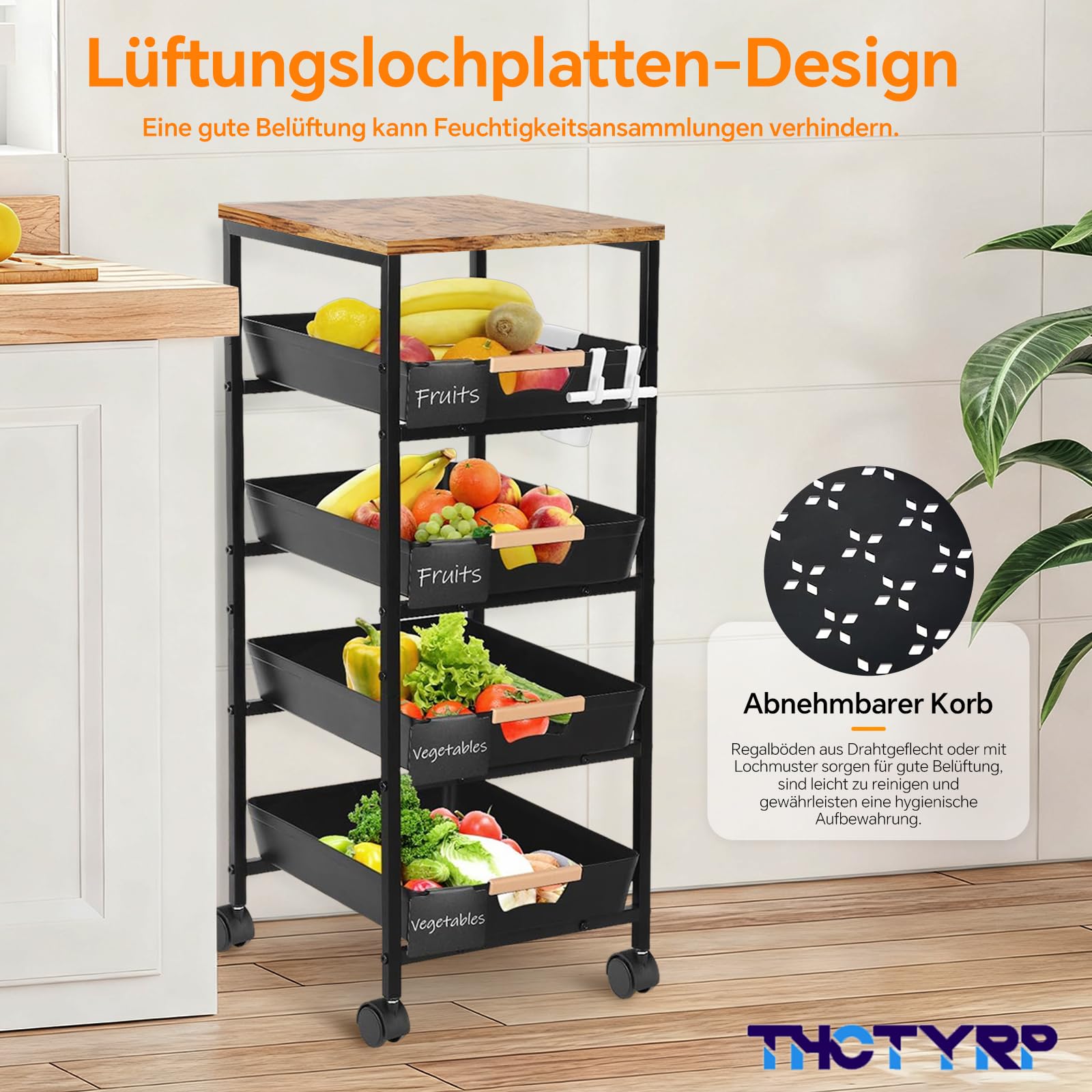 Küchenwagen mit 5 Ebenen & 4 Schubladen, Mit Holzplatte & Belüfteten Körben, 360° Rollen mit 2 Bremsen, Zur Aufbewahrung von Obst, Gemüse, Mikrowelle in Küche & Wohnzimmer (32x38x81.5cm)