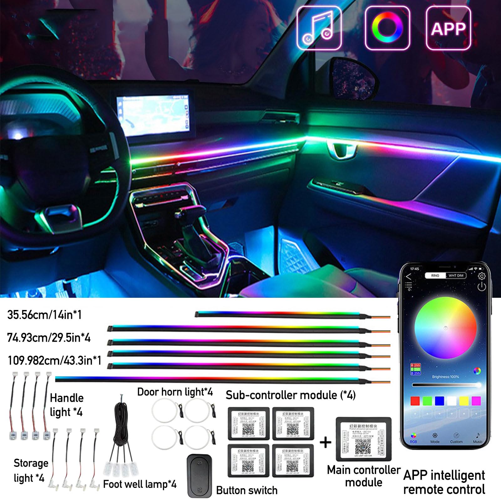 Éclairage intérieur LED de voiture - Bande d'éclairage d'ambiance en acrylique avec 593 LED en fibre optique - Kit d'éclairage d'ambiance - 16 millions de couleurs - Fonction active au son - Lumière