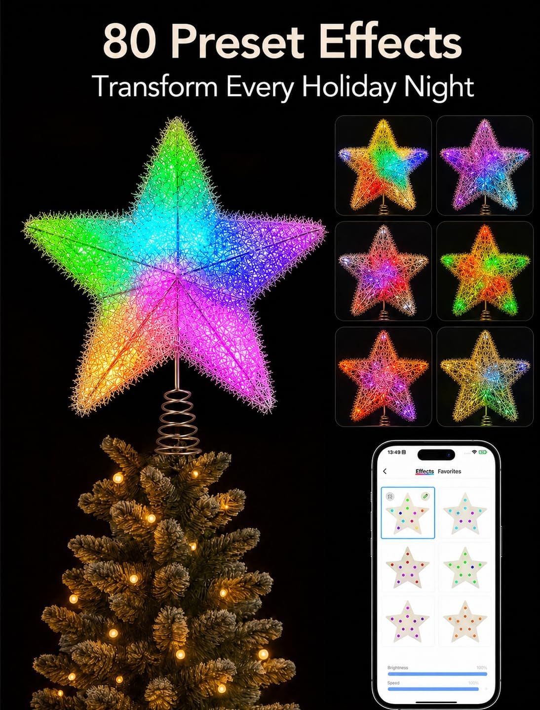 7" Silver Star Christmas Tree Topper, RGB Color Changing | APP & Remote Control, Music Sync, USB Powered, For 5-7ft Xmas Tree