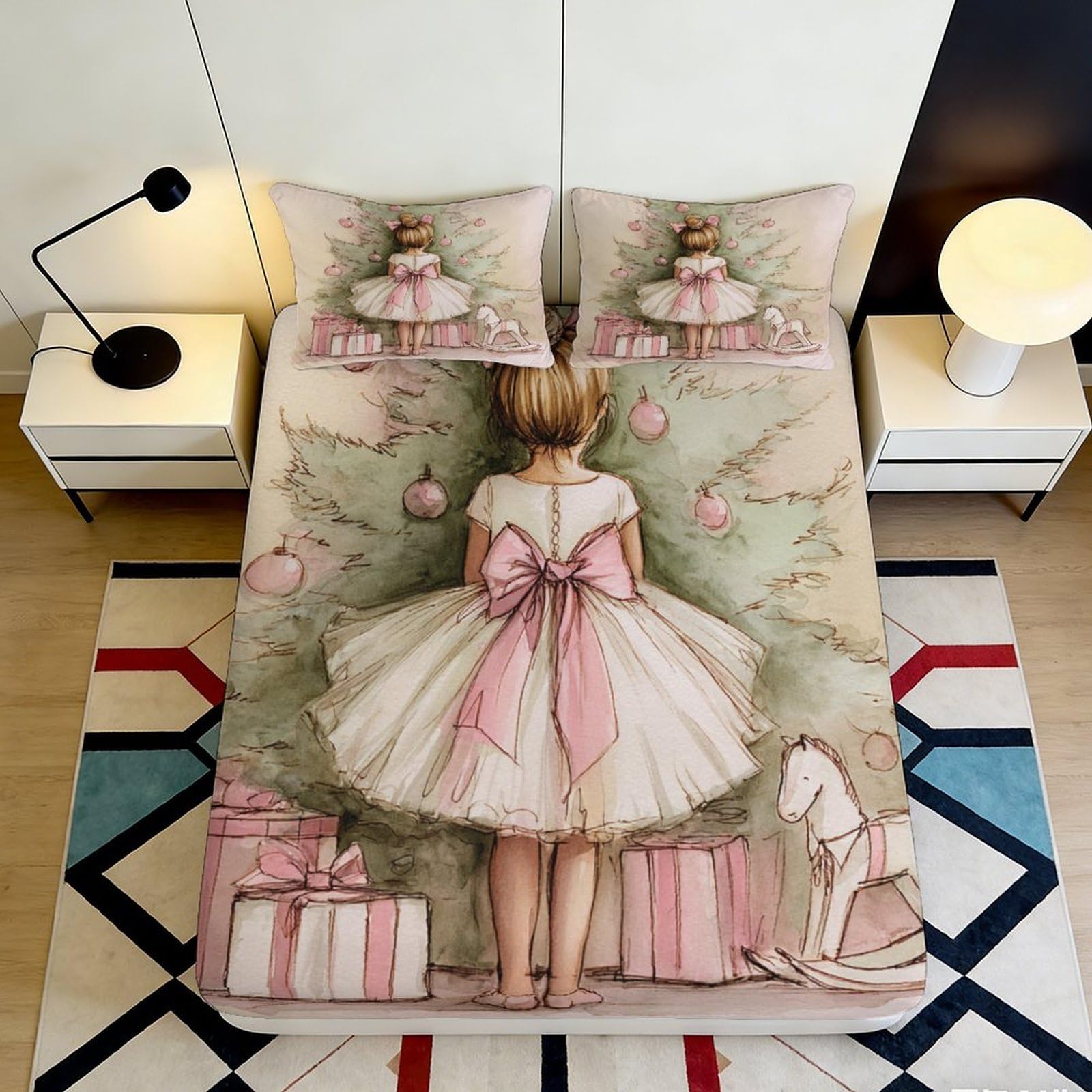 Pnayamiorkfel Girls Style-1 3D Printed Christmas Fitted Sheet Microfiber Soft Pink Bow Bed Cover For Bedroom Guest Room Decor Protection 90X200x25cm