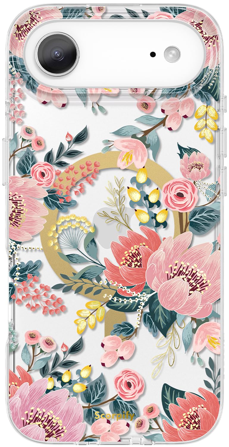 SCORPIFY for iPhone 17 Air Case [Compatible with MagSafe] with Pink Epiphyllum Floral Design, Cute Clear Flower Magnetic Phone Cover for Women Girls, Slim Bumper with Gold Accents