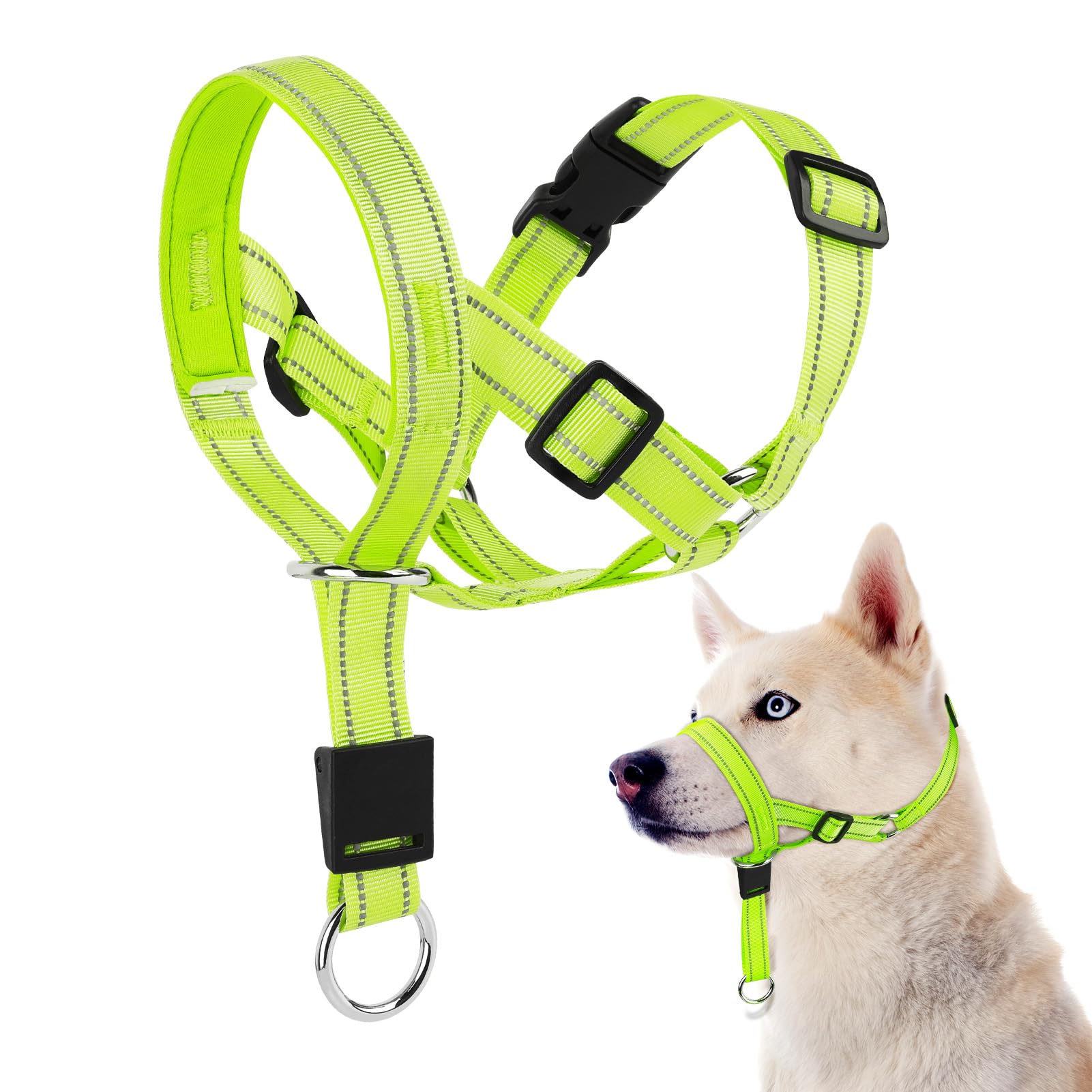 Collar de cabeza de perro sin tirones, collar reflectante para perros, collar acolchado para evitar tirones pesados, correa antitirones (verde, grande (hocico de 7.9 a 17.3 pulgadas)
