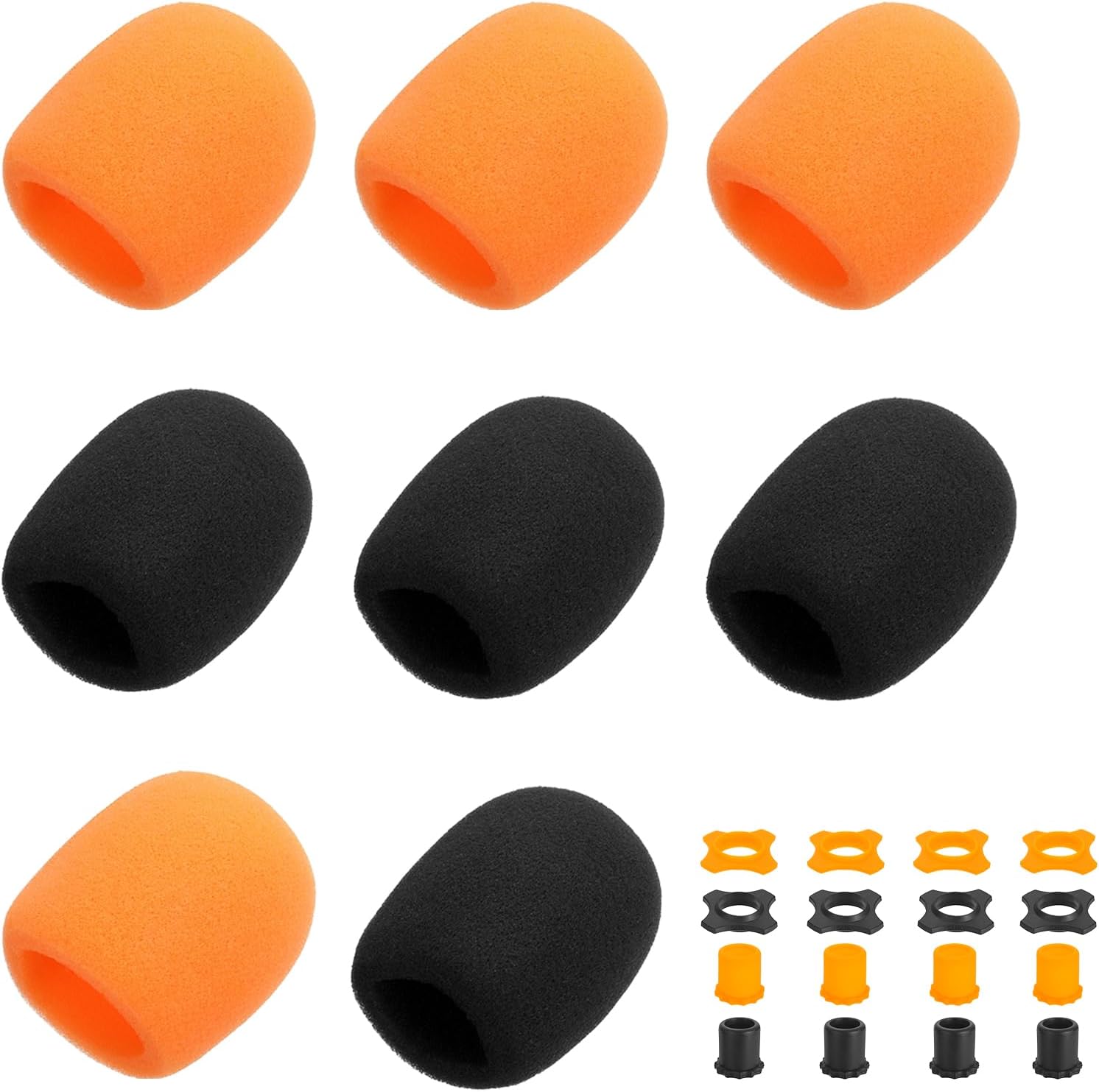 MECCANIXITY 8 Set Microphone Cover Foam Mic Cover, with 1.34" Mic Protection Silicone Ring and Anti Rolling Bottom Sleeve Holder for Karaoke DJ Concert Theater, Black/Orange