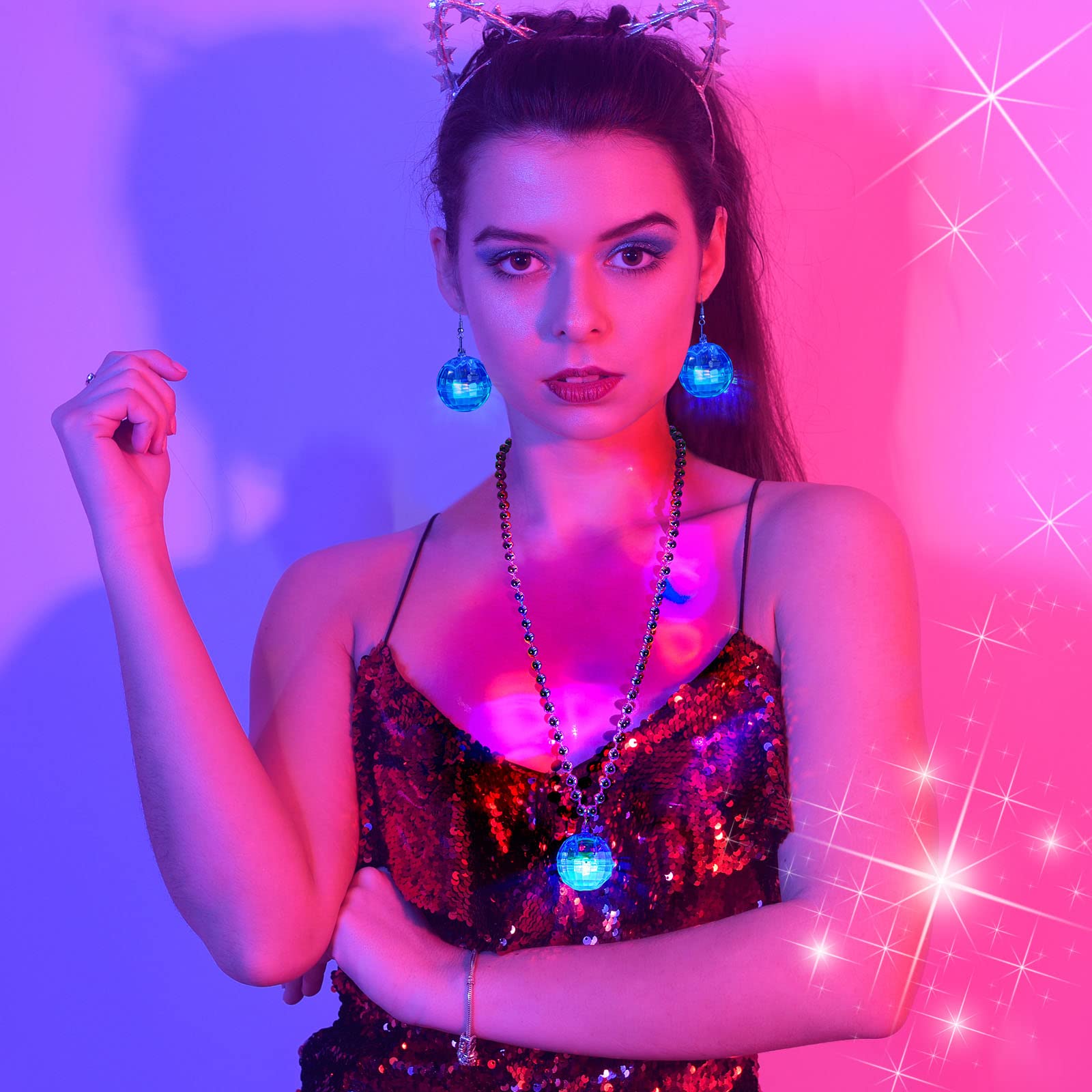 Sasylvia 2 Pcs LED Disco Ball Necklaces Light up Disco Party 70s Necklace and 2 Pairs Light up Ball Earrings Sets for Birthday Party Favor Halloween Christmas Gifts(Multicolor)