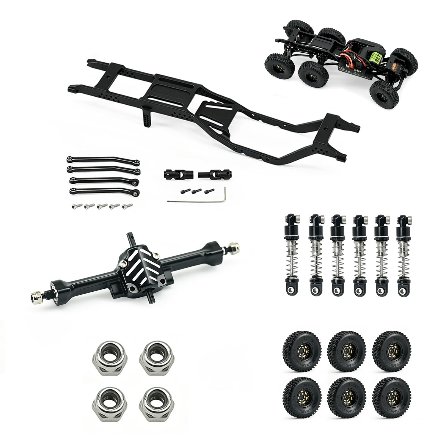 Hobbydetails SCX30 6X6 Upgraded Chassis Frame with Axles, Aluminum Alloy Metal Parts Set, Compatible with Axial SCX30 RC Crawler (V2 6X6-Black)