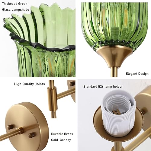 Miniatura 5 de Aplique de pared dorado de 2 luces con pantallas de vidrio verde, moderno de mediados de siglo, lámpara de pared de latón cepillado industrial para