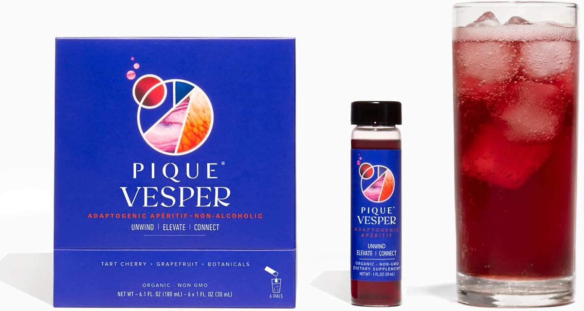 Aperitivo Adaptógeno Sin Alcohol Piqué Vesper | L-teanina, cereza ácida y damiana | Calma, relajación y apoyo al estado de ánimo | Orgánico, sin OGM, sin azúcar | 6 viales