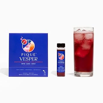 Pique Vesper Non-Alcoholic Adaptogenic Aperitif | L-Theanine, Tart Cherry & Damiana | Calm, Relaxation & Mood Support | Organic, Non-GMO, Sugar-Free | 6 Vials