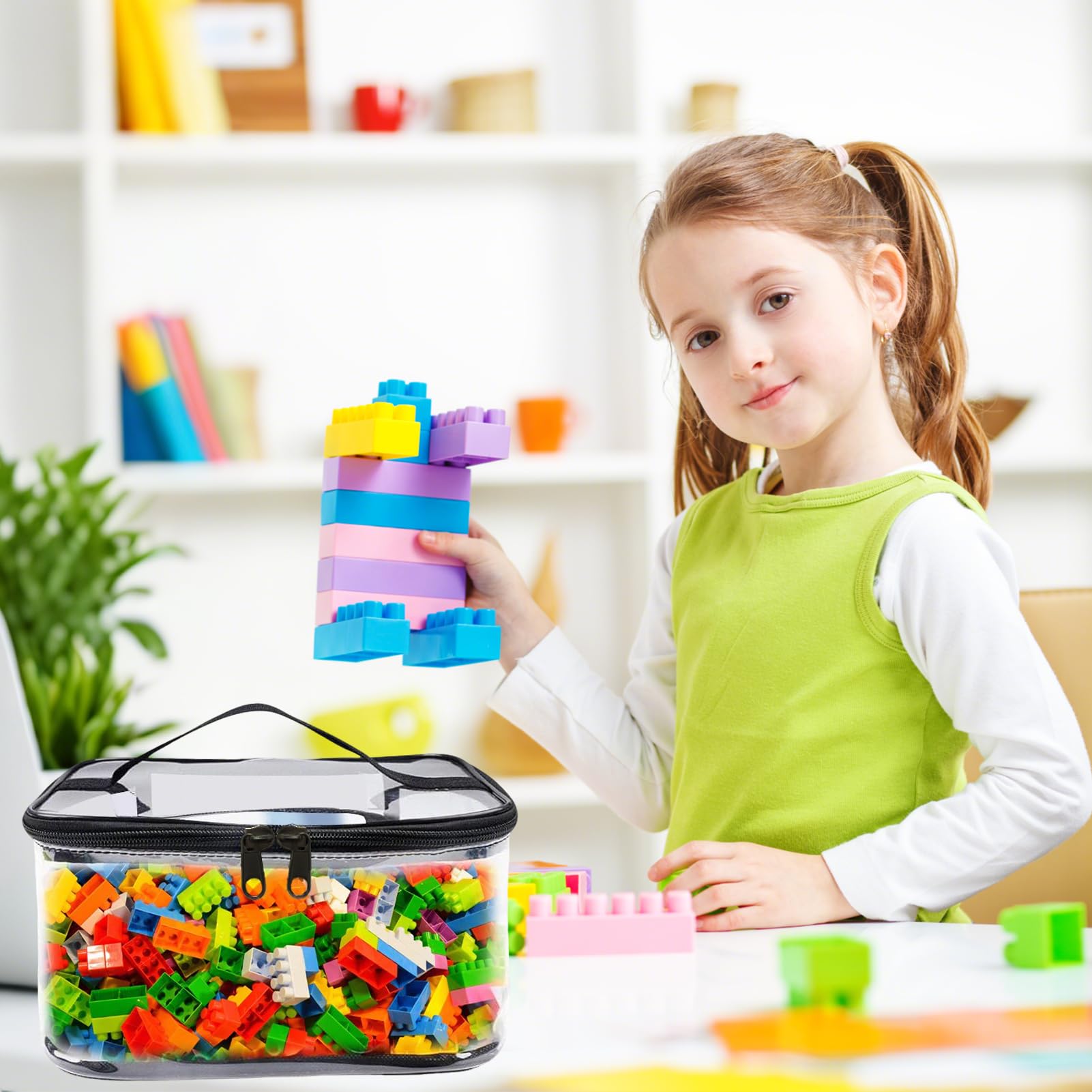 Hapforever 4 Packs Clear Toy Storage Bags with Zipper, 9.4 x 6.7 x 4.5 Inch Transparent PVC Toy Organizing Bags Waterproof Toy Storage Organizer Pouch for Board Games, Building Blocks (Black)