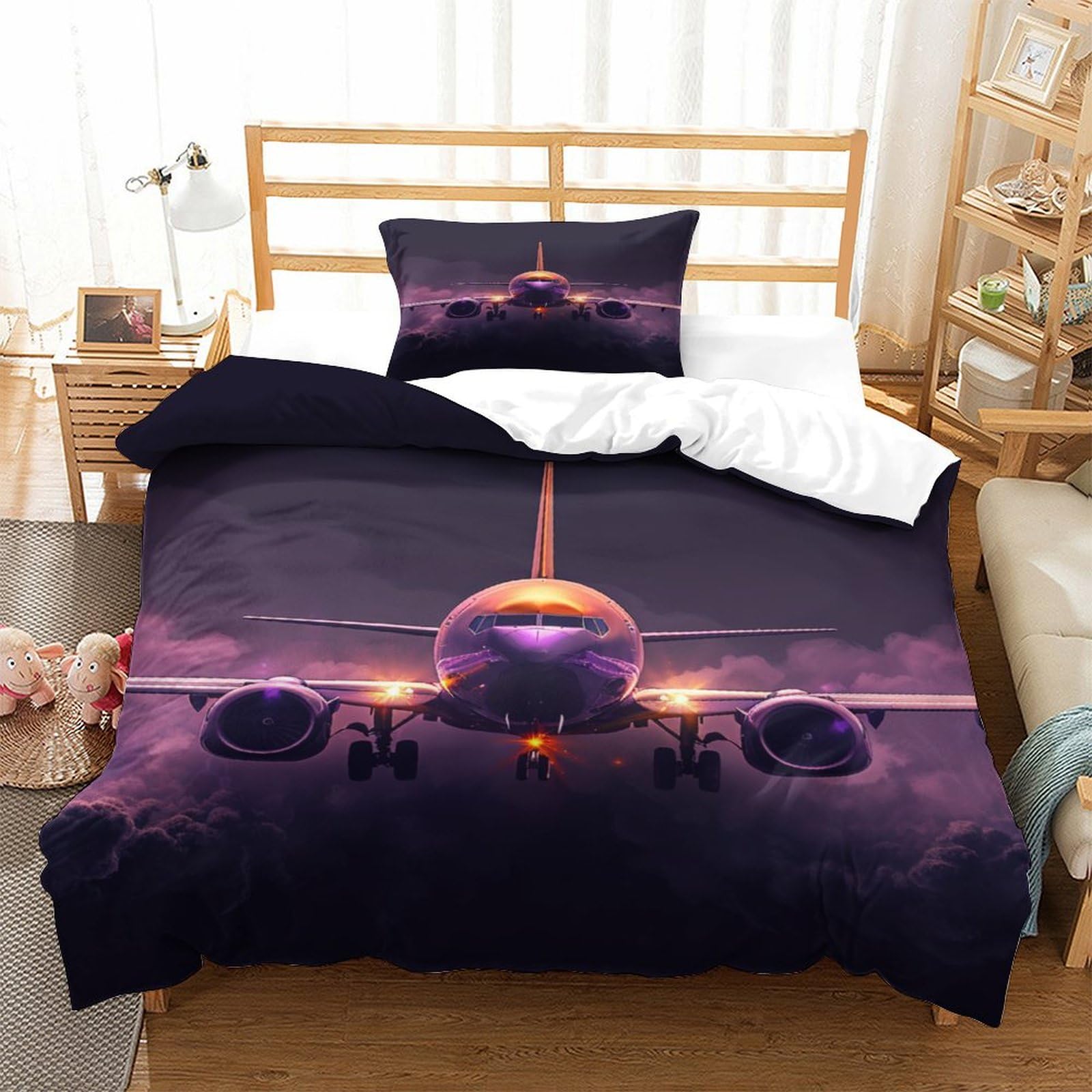 P1S9U7W5Y Sunset Airplane 3D Printed Duvet Cover Set 3pcs Microfiber Aircraft Bedding Set Single（135x200cm）
