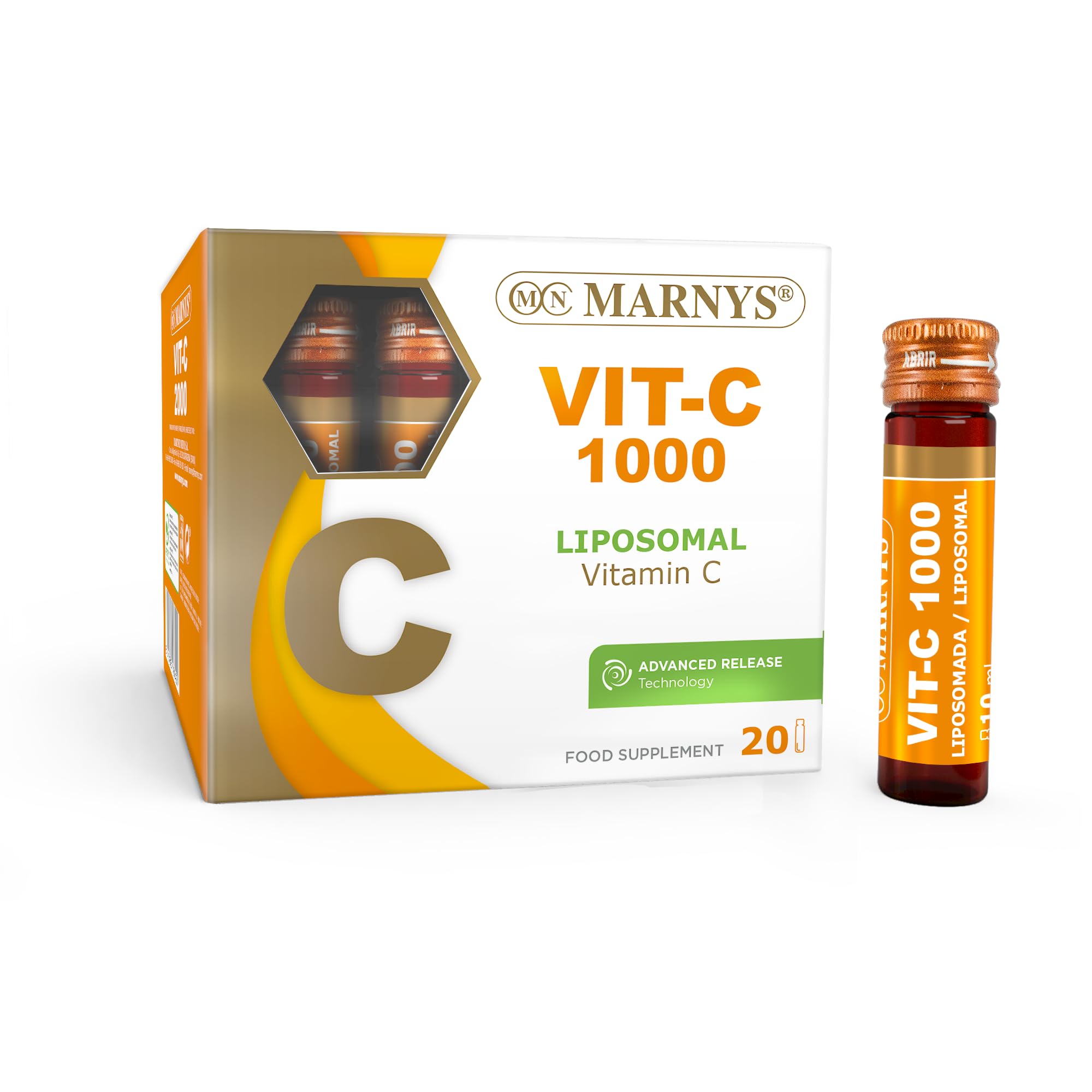 MARNYS Vitamin C Liposomal 1000mg 20 Drinkable Vials, High-Absorption Liposomal Vitamin C Food Supplement for Adults, Ready-to-Drink Immune & Antioxidant Formula