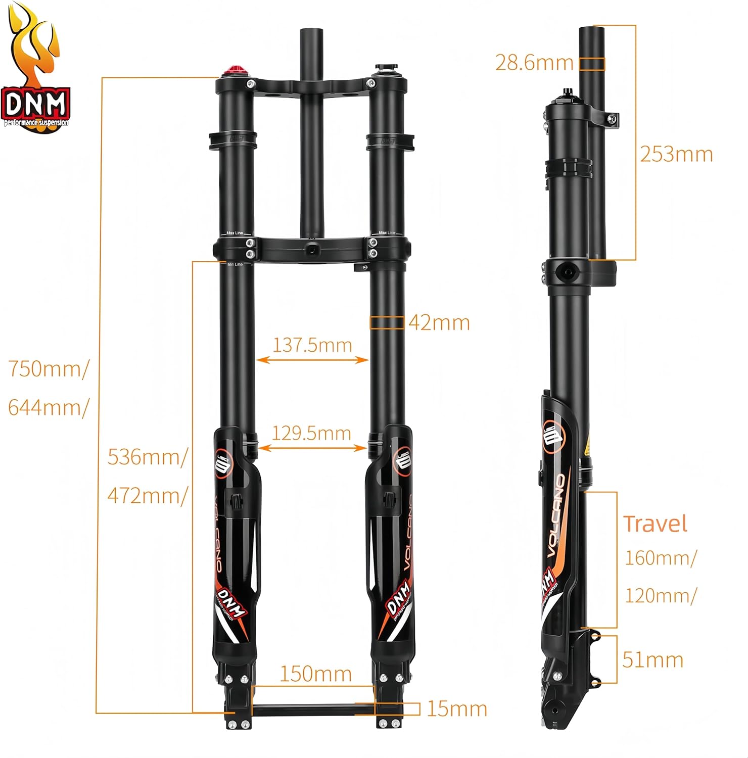 DNM 750MM 644MM USD-8 Fat Front Fork for Snowy Beach Bike Double Shoulder Straight Tube Oil Spring Disc Brake 150×15MM Axle