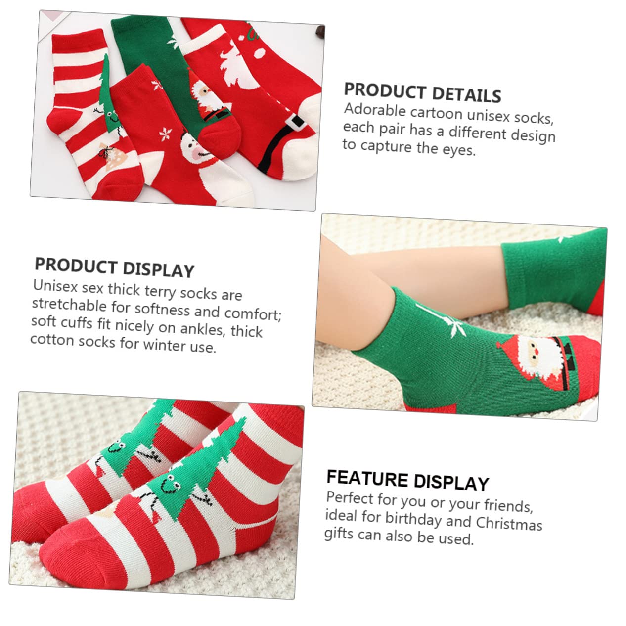 BESPORTBLE 5pares Medias de Navidad Cálidas de Algodón de Calcetines Navideños Dibujos Animados Fiestas de Navidad