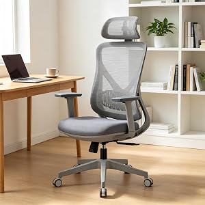 Ergonomic Office Chair with Adjustable Headrest, Lumbar Support, 3D Armrests, Mesh Back, Thick Cushion, Grey
