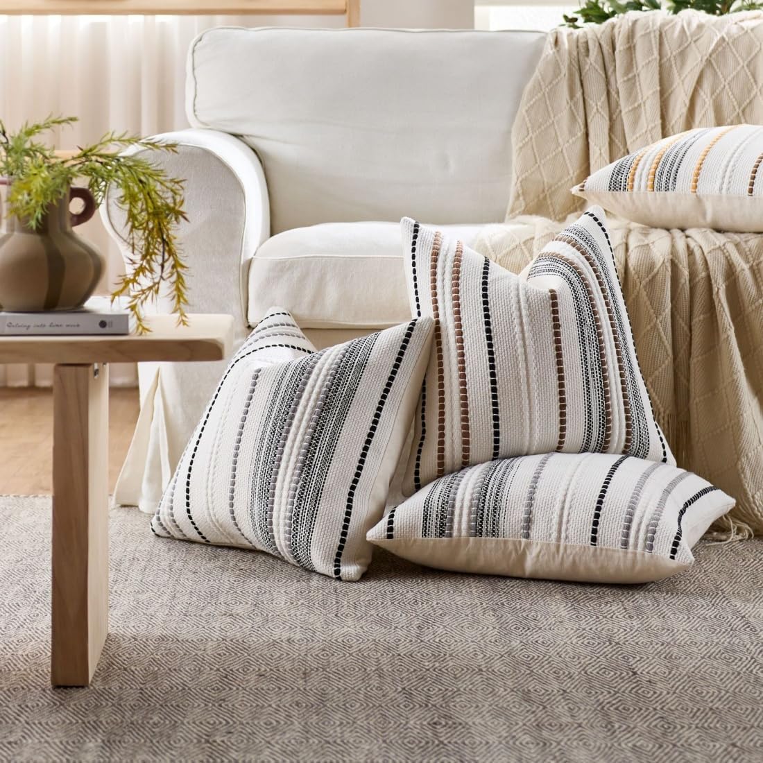 Set of 2 Decorative Woven Knitted Striped Throw Pillow Cover 18x18 Inch - Soft Textured Neutral Boho Pillow Case for Sofa Couch Bedroom Living Room Decor (White, Grey, Black)