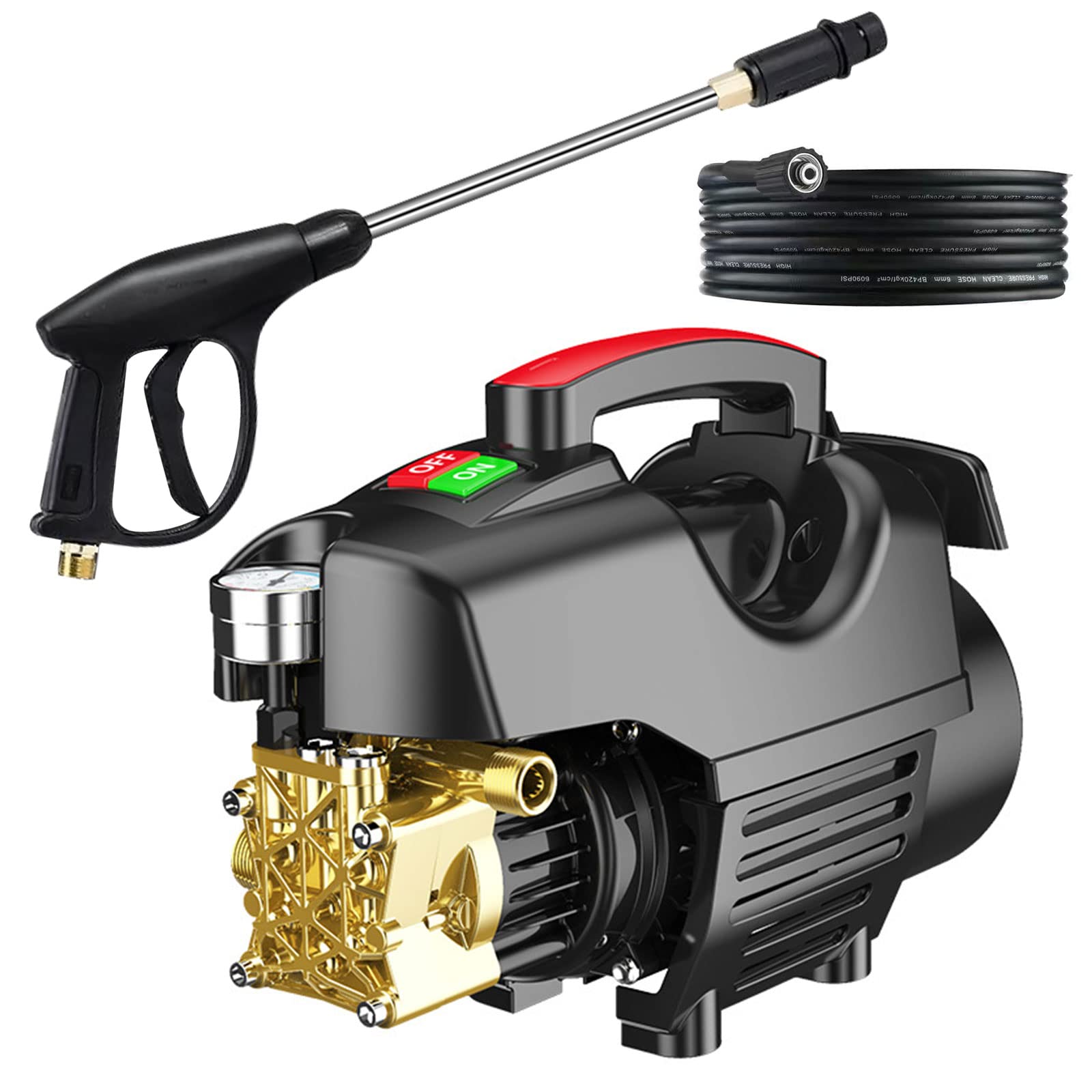 Hidrolimpiadora eléctrica de 180 Bares y 6,5 l/min. Hidrolimpiadora para Coches con Manguera. para Lavar Coches y Casas, y Limpiar Patios. (7mlongwatergun)