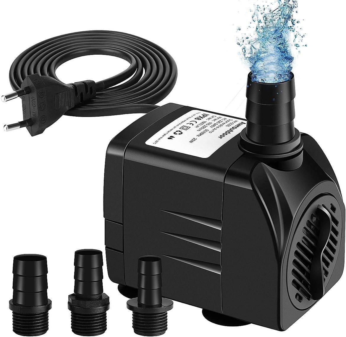 Awroutdoor Wasserpumpe Tauchpumpe, 1800L/H Aquariumpump für Teich Brunnen Aquarium Garten, Submersible Pumpe 3 Düse 13mm-16mm-19mm, Kabel1.9m(25W)