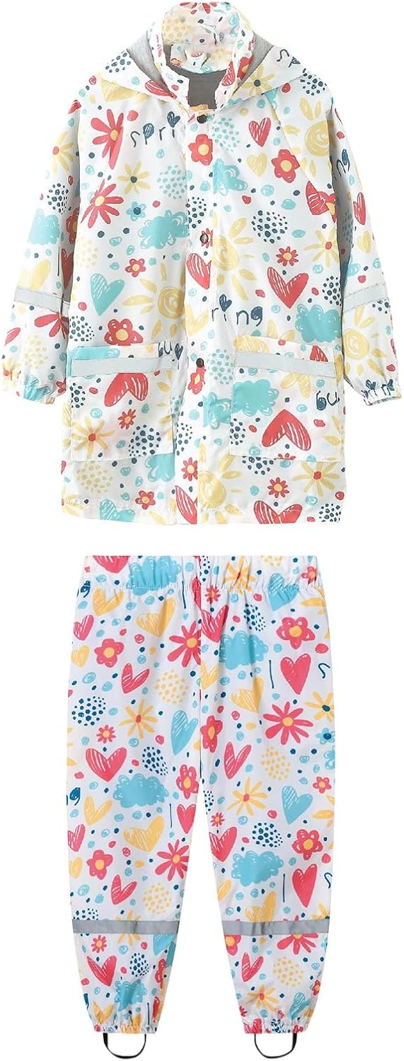 Kids Waterproof Raincoat Pants Set 2 Piece Boys Girls Dinosaur Graphic Rain Jacket Elastic Waist Adjustable Rain Pants