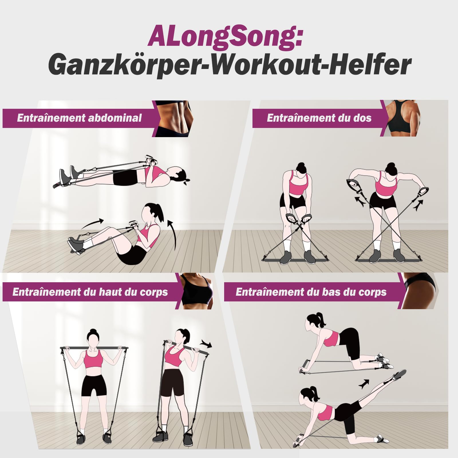 ALongSong Elastiques Musculation Sport Maison - Kit Barre de Pilates pour Homme Femme avec 4 Bandes de Résistance Élastique 20-140Lbs & Minuteur pour Complet Entraînement Yoga/Musculation