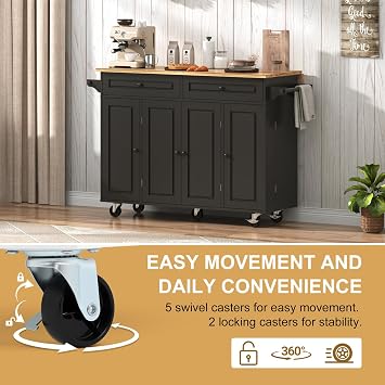 Gitua 55 W Rolling Kitchen Island with Drop Leaf Movable Kitchen Carts on Wheels Island with Storage Cabinet, Island Table for Kitchen with Rubber Wood Top and Rack and Drawer, Matte, Black