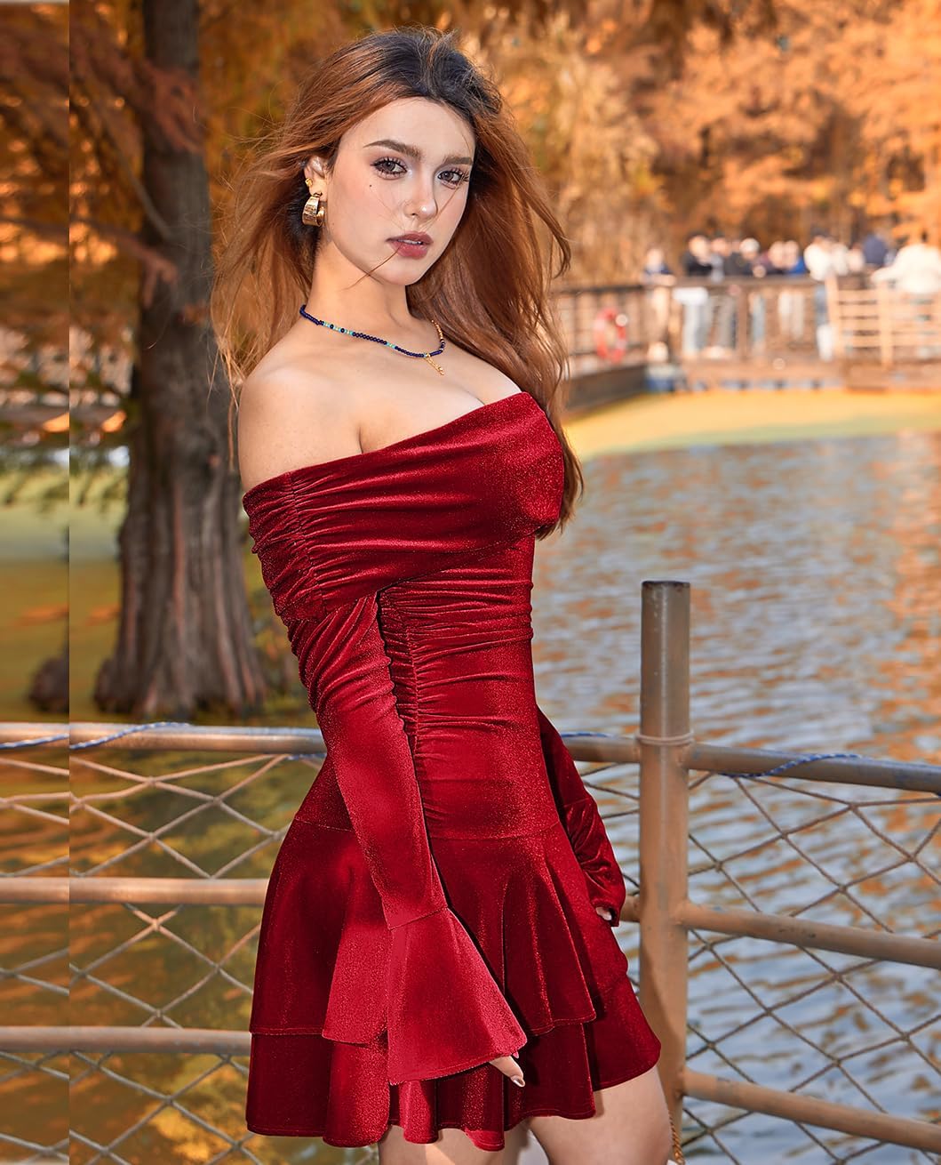 LAGSHIAN Women's Sexy Velvet Off Shoulder Long Sleeve Ruffle Hem Bodycon Ruched Cocktail Party Mini Dress - Image 2