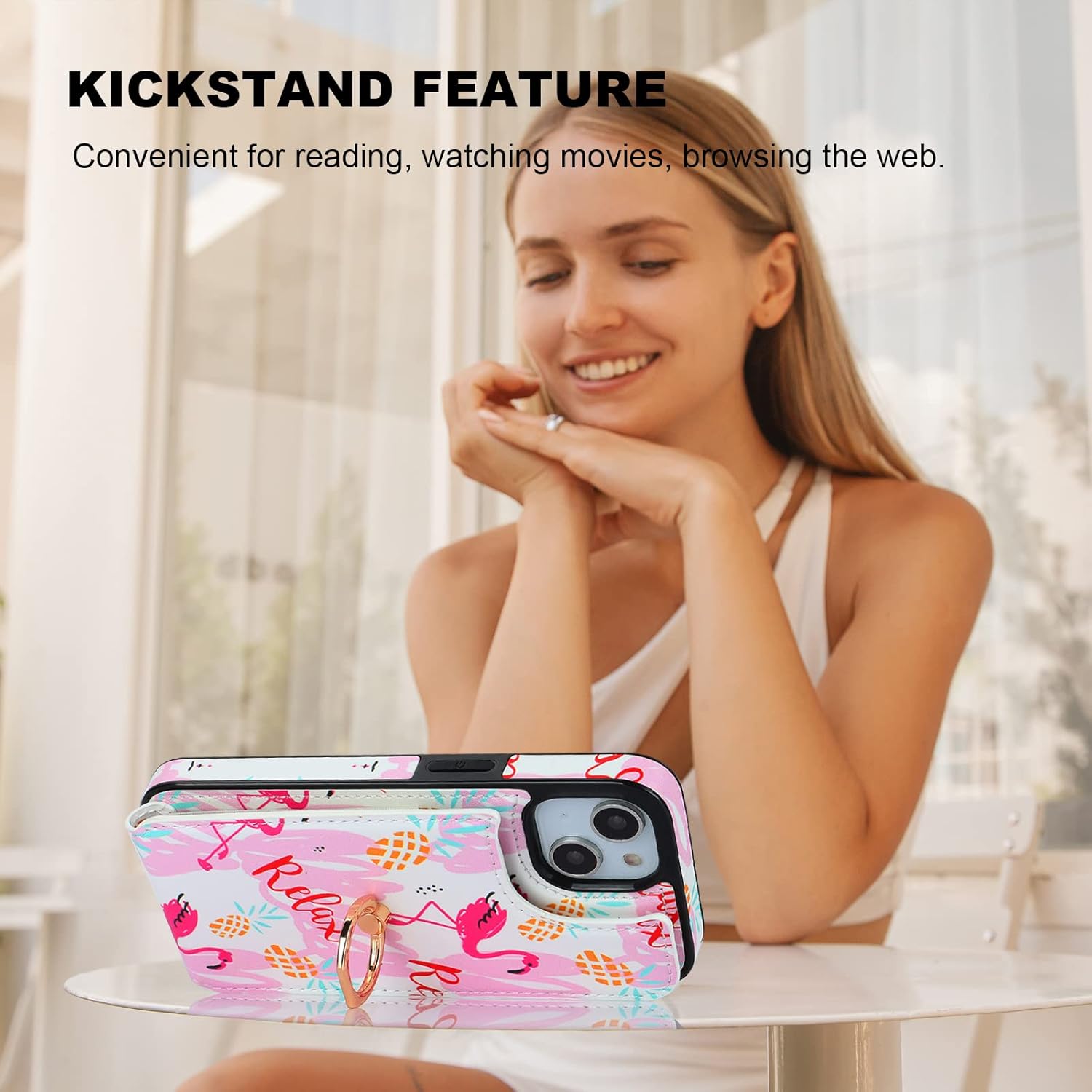 HAOPINSH for iPhone 13/ iPhone 14 Wallet Case with Card Holder, 360°Rotation Ring Kickstand, Pink Flamingo Pattern, RFID Blocking Leather for Girls Women, Double Buttons Flip Protective Cover 6.1"