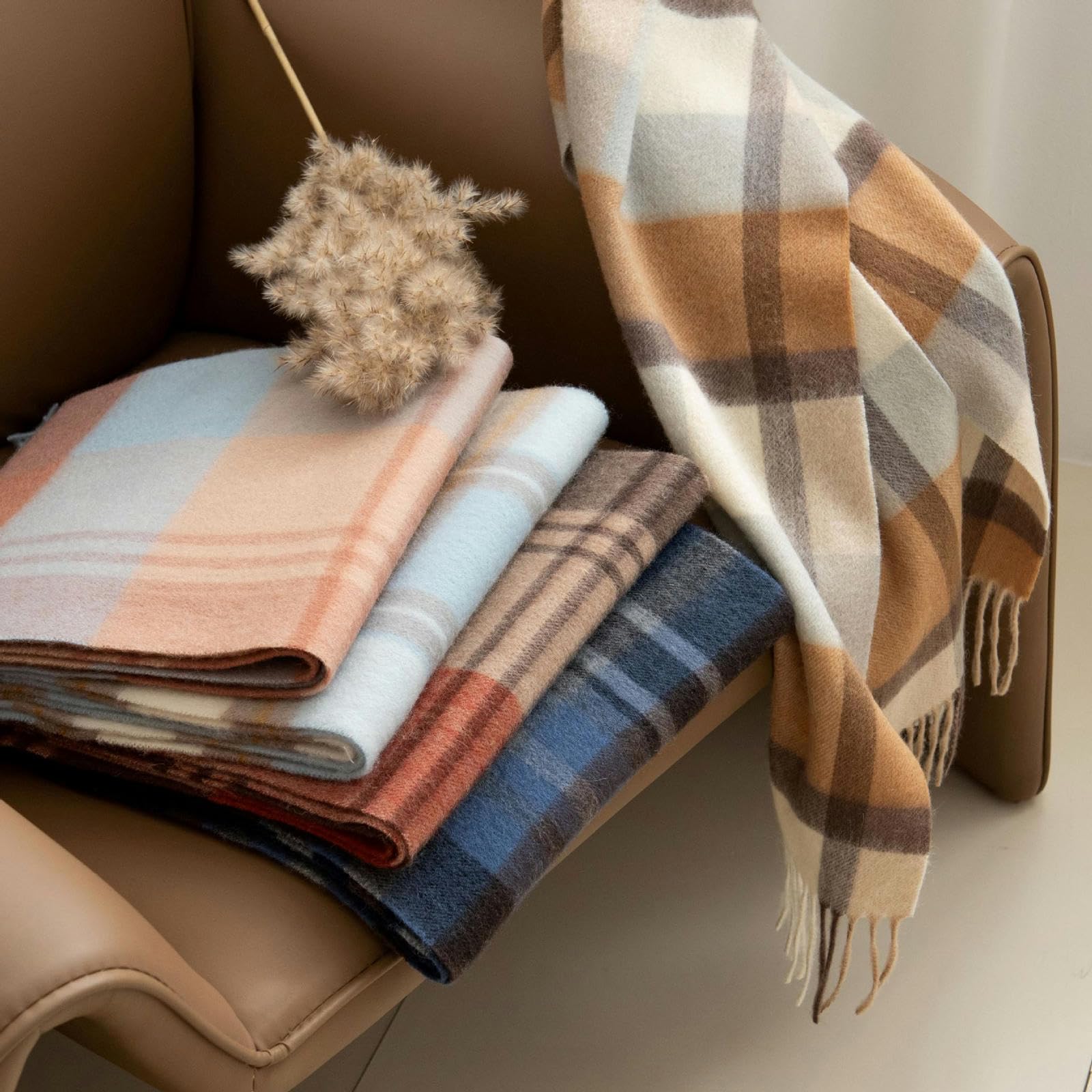 Sciarpa Donna in Cashmere Scozzese, Colorata e Calda per Autunno Inverno - Azzurro - 30 * 180 Cm