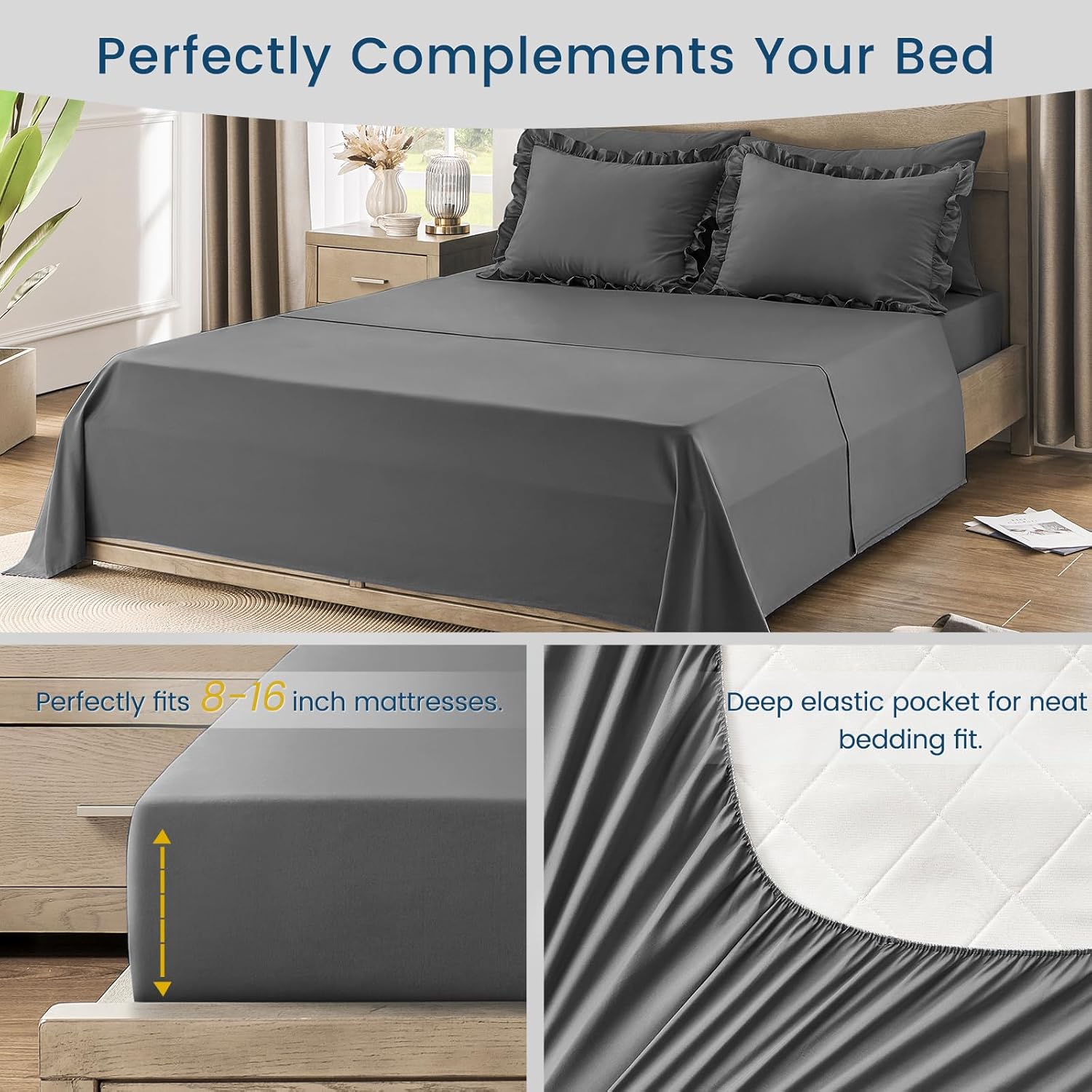 QUIETSEA Queen Bed in a Bag 7 Pieces Comforter Set Queen, Ruffle Shabby Chic Bedding Comforter Set Dark Grey Bed Set with Comforter, Pillowcases, Flat Sheet, Fitted Sheet and Pillow Shams