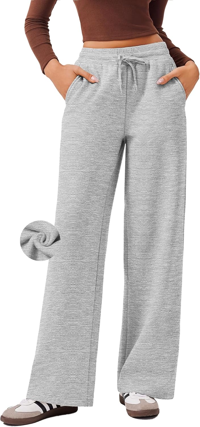 PINSPARK Womens Fleece Wide Leg Sweatpants High Waisted Athletic Sweat Pants Winter Baggy Workout Pant with 2 Pocket