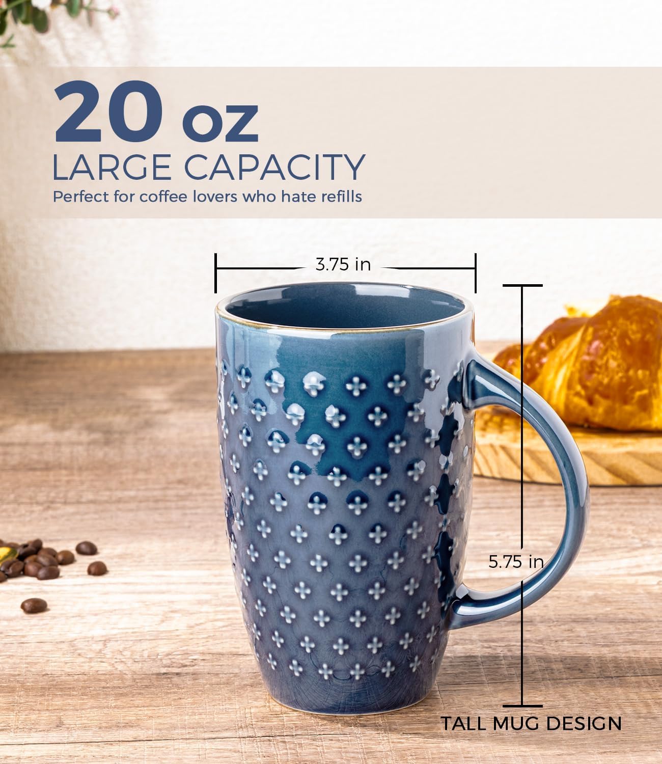 AmorArc Large Coffee Mugs Set of 6, 20oz Ceramic Tall Coffee Mugs Set with Textured Patterns for Coffee/Tea/Beer/Hot Cocoa, Dishwasher & Microwave Safe-Moonlight Blue