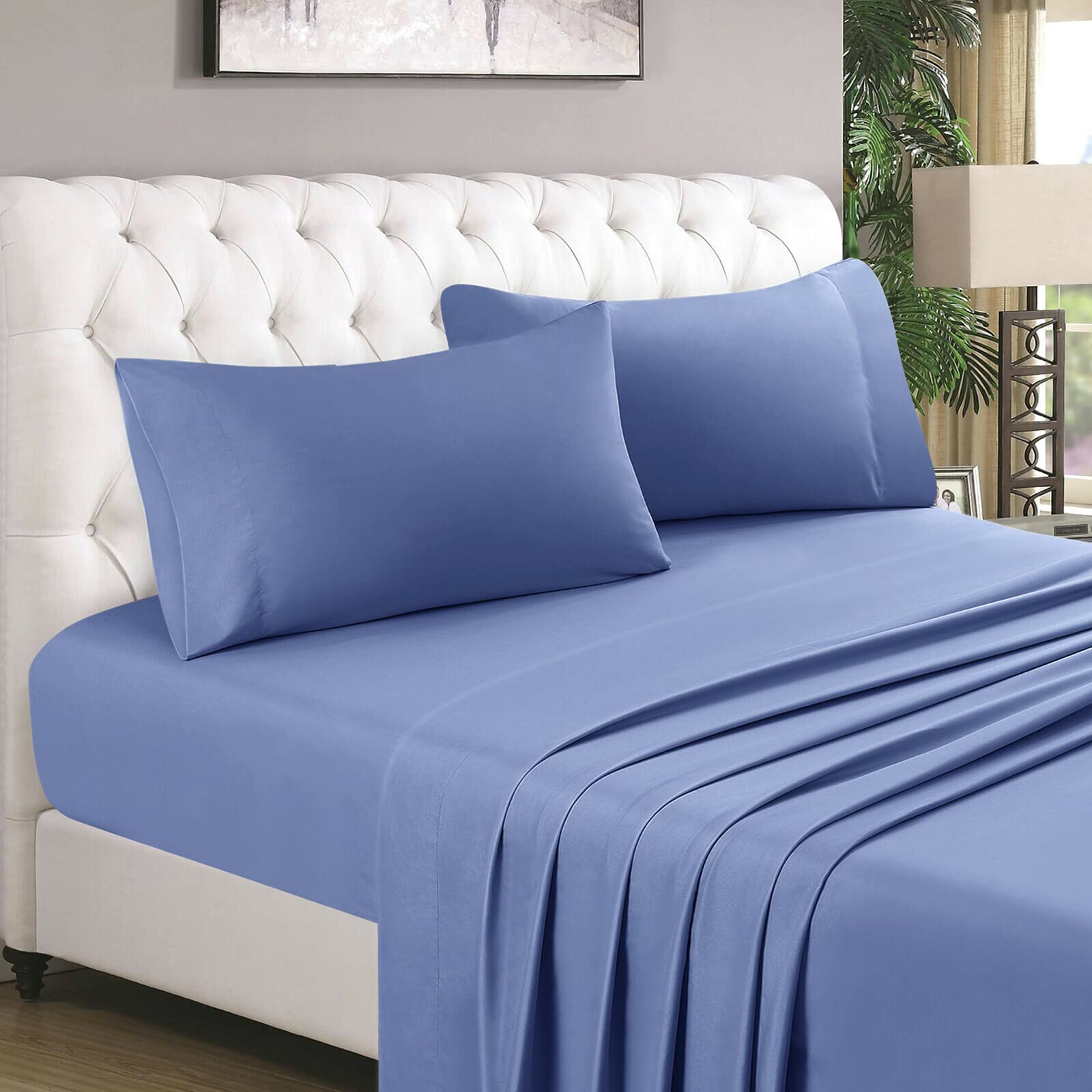 Queen Size Sheet Set - 4 Piece - Hotel Luxury 100% Cotton Bed Sheets - Extra Soft - 15"–21" Deep Pocket Fitted Sheets - Breathable & Cooling Sheets - 800 Thread Count - Blue Heaven Bed Sheets