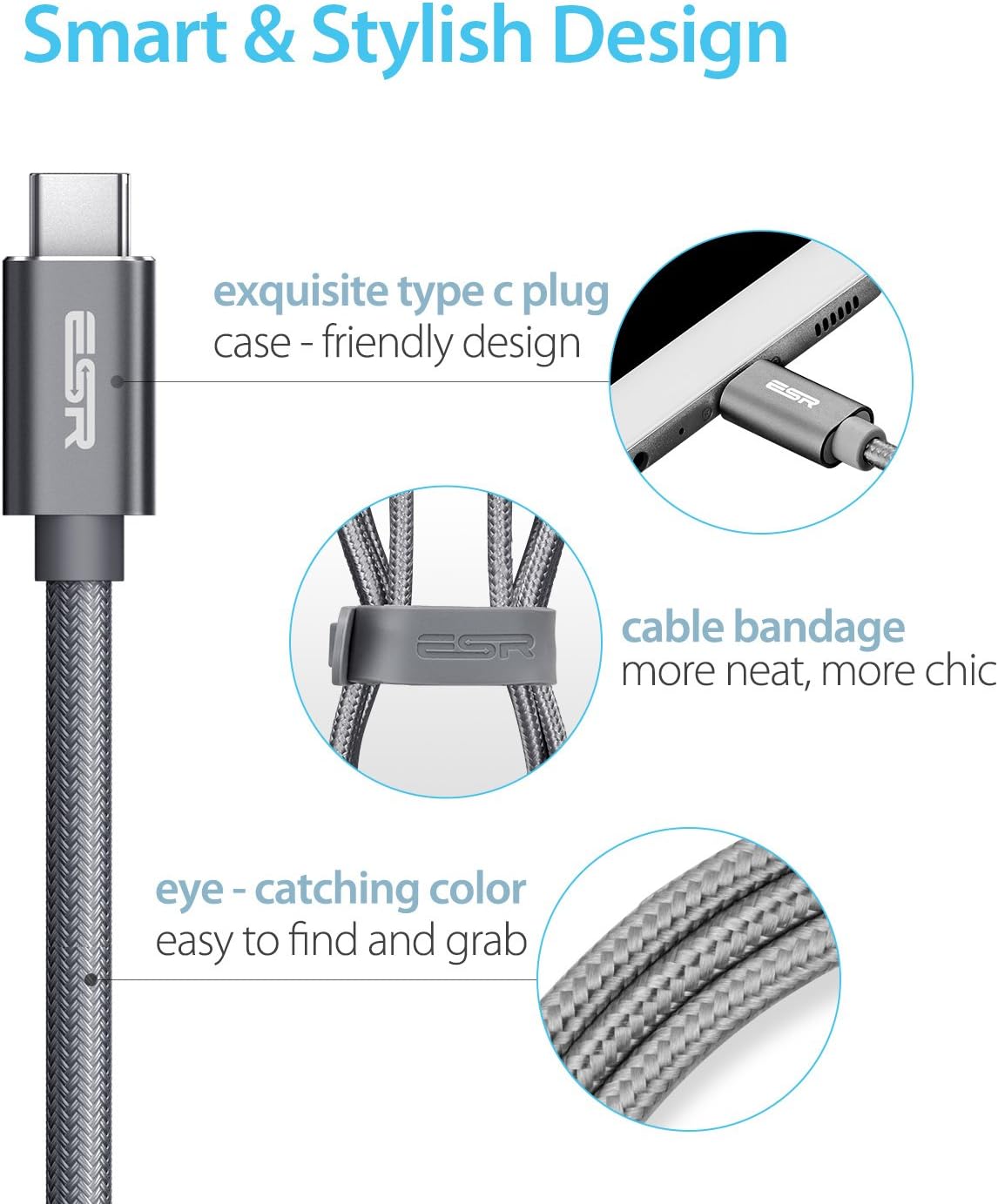 ESR USB C Cable, Type C to USB 3.0 Cable (6.6 ft), Braided Nylon Fast Charger Cable for iPad Pro 2020/2018, Samsung S20/S20+/S20 Ultra/S10/Note10, MacBook & Other USB Type-C Devices, Grey